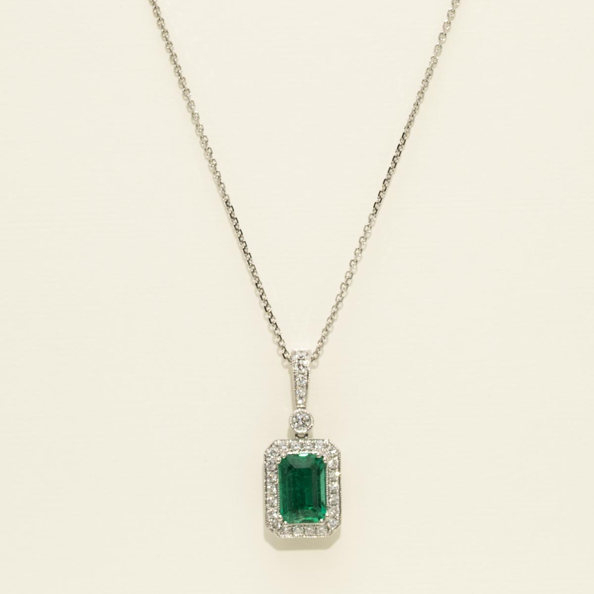 Emerald Cut Emerald Necklace in 18kt white Gold with Diamonds (3/8ct tw)