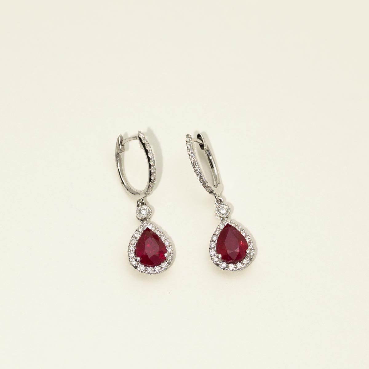 Pear Shape Ruby Drop Earrings in 18kt White Gold with Diamonds (5/8ct tw)