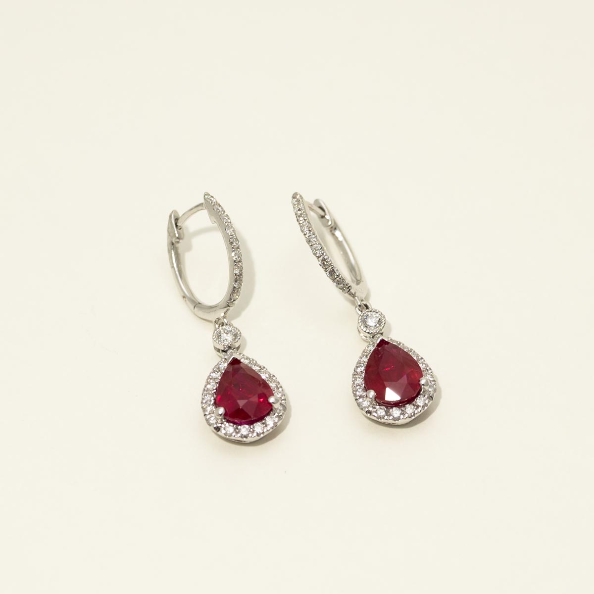 Pear Shape Ruby Drop Earrings in 18kt White Gold with Diamonds (5/8ct tw)
