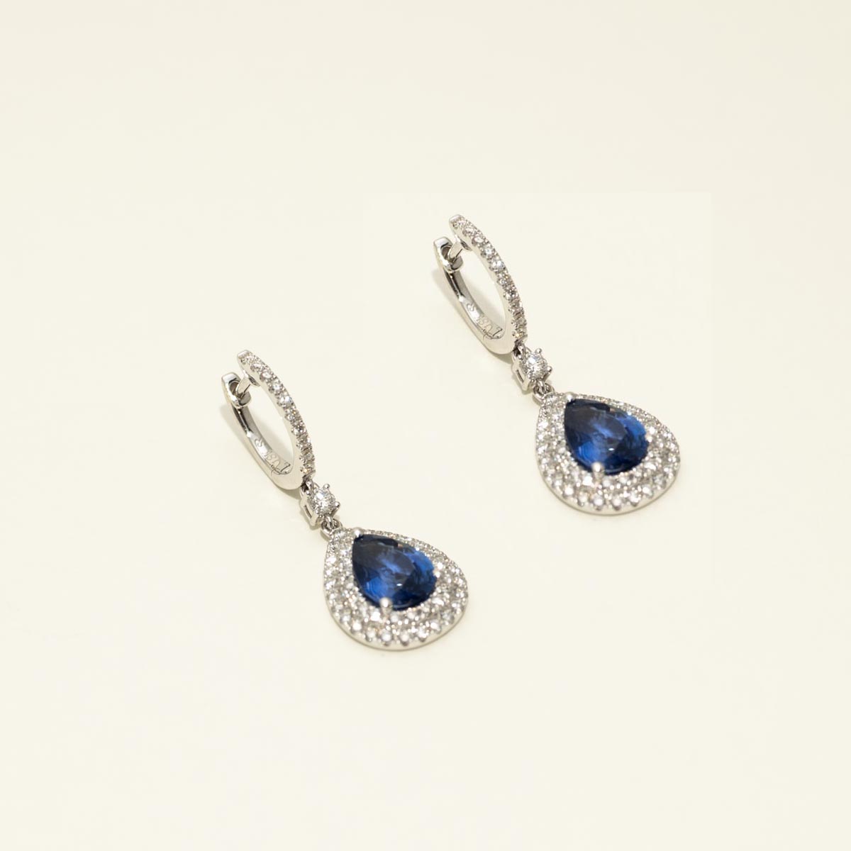 Pear Shape Sapphire Drop Earrings in 18kt White Gold with Diamonds (7/8ct tw)