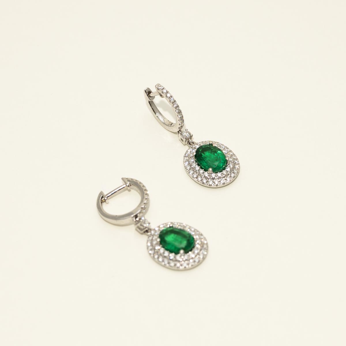 Oval Emerald Drop Earrings in 18kt White Gold with Diamonds (7/8ct tw)