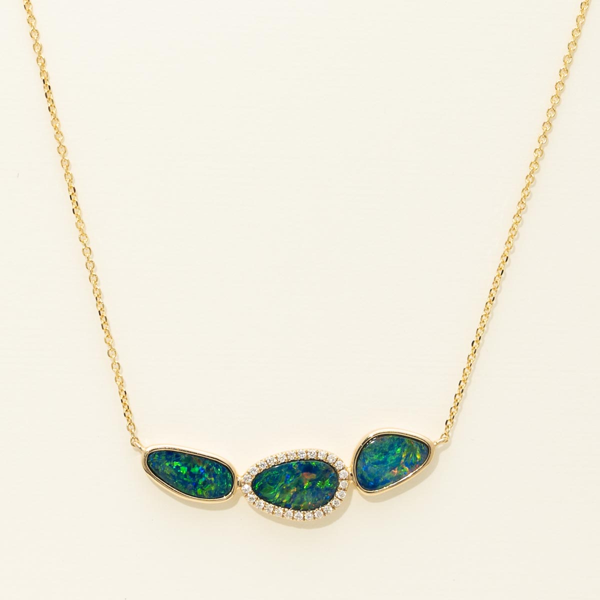 Parlé Three Stone Australian Opal Doublet Necklace in 14kt Yellow Gold with Diamonds (1/7ct tw)