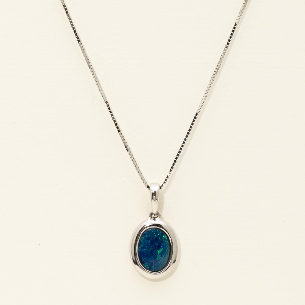 Parlé Oval Australian Opal Doublet Bezel Necklace in 14kt White Gold