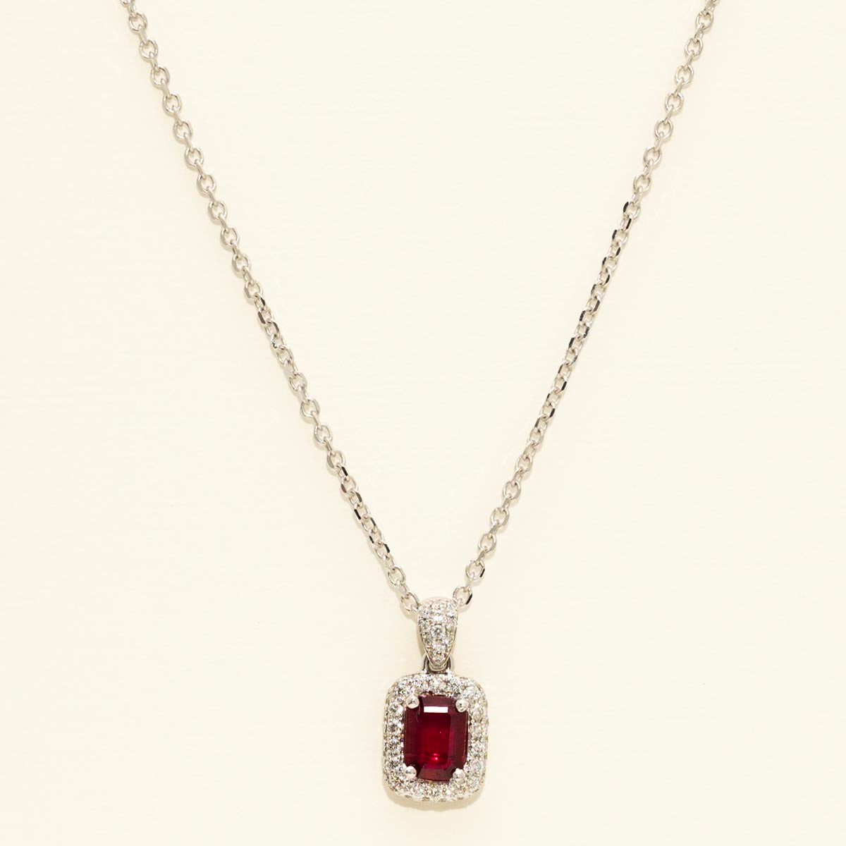 Emerald Cut Ruby Necklace in 18kt White Gold with Diamonds (1/3ct tw)
