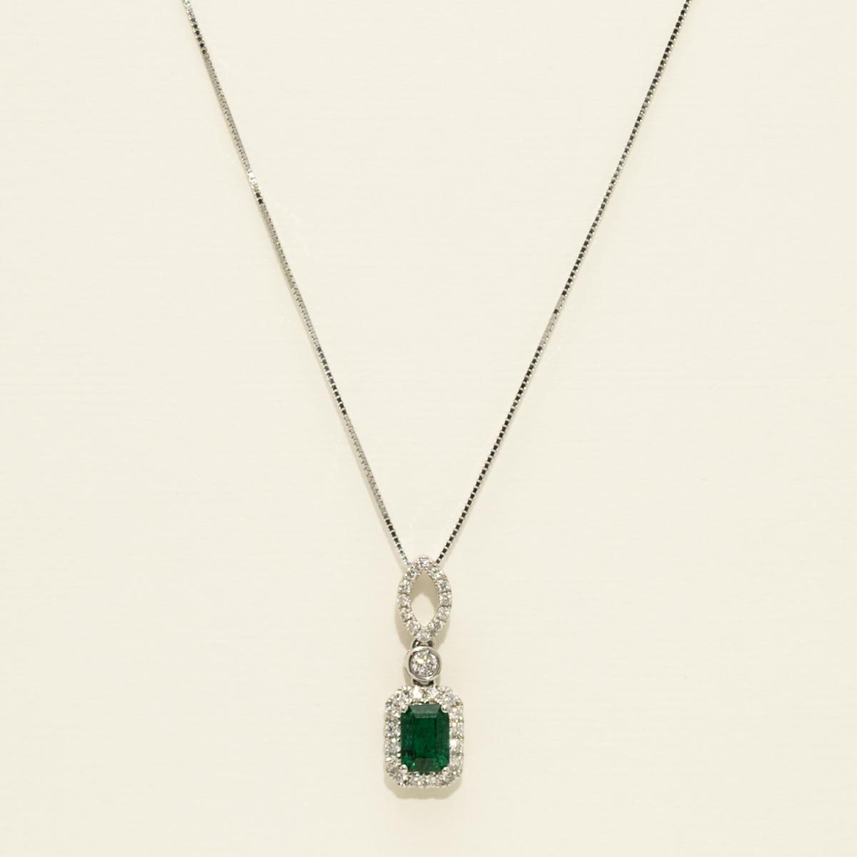 Emerald Cut Emerald Necklace in 14kt White Gold with Diamonds (1/5ct tw)