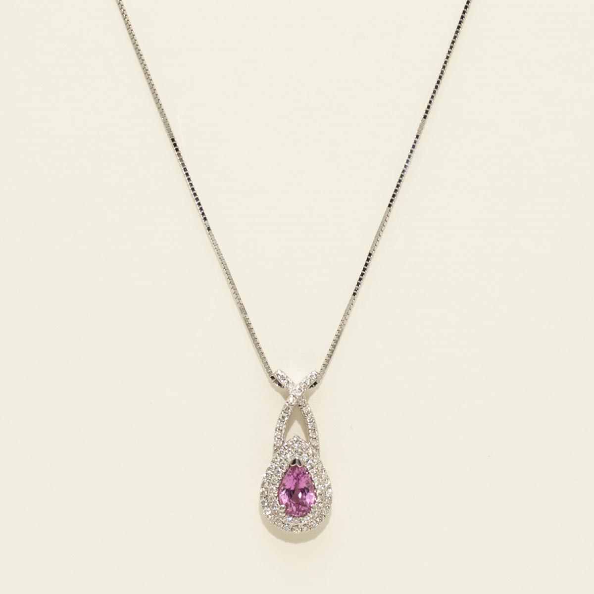 Pear Shape Pink Sapphire Necklace in 14kt White Gold with Diamonds (1/7ct tw)