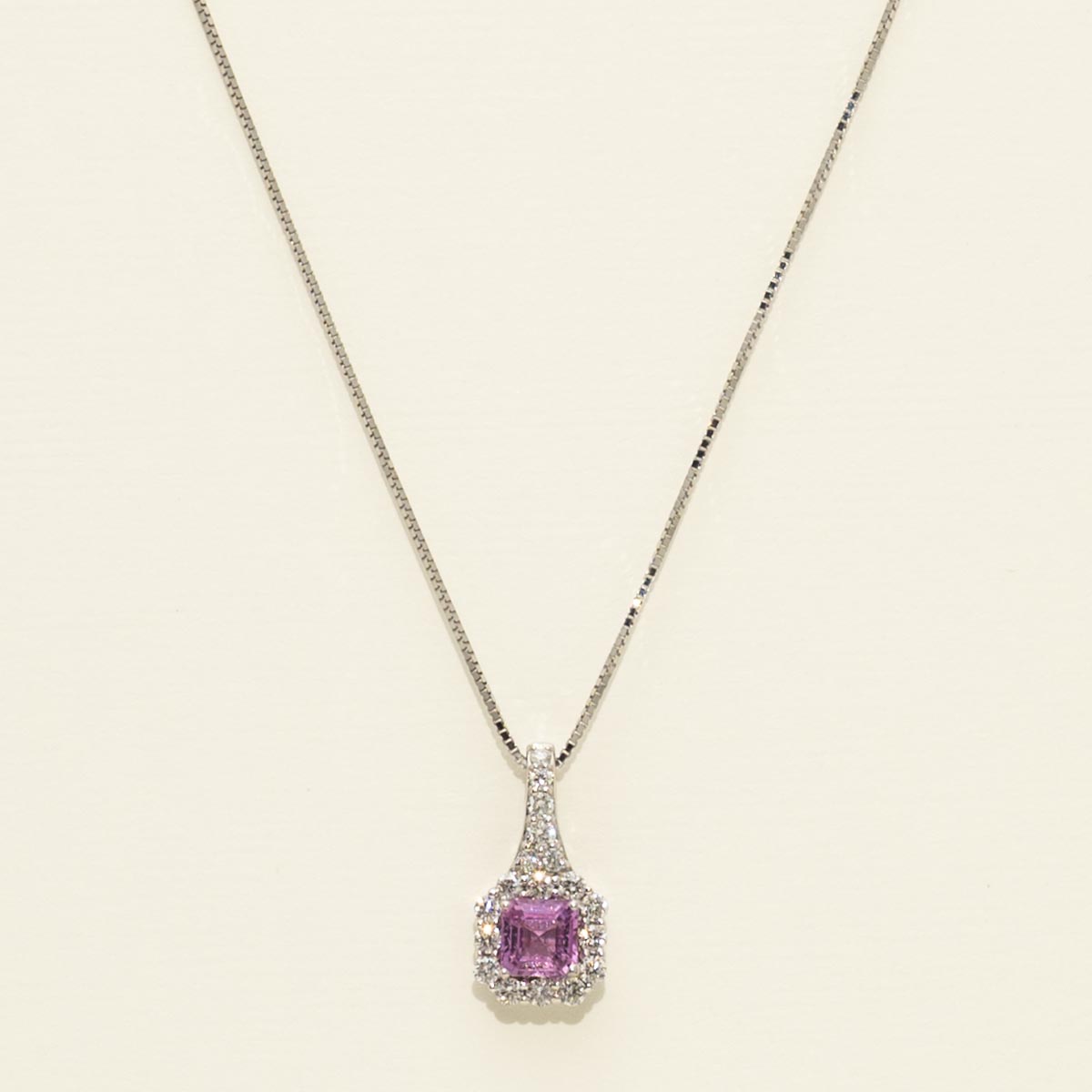 Princess Cut Pink Sapphire Necklace in 14kt White Gold with Diamonds (1/4ct tw)