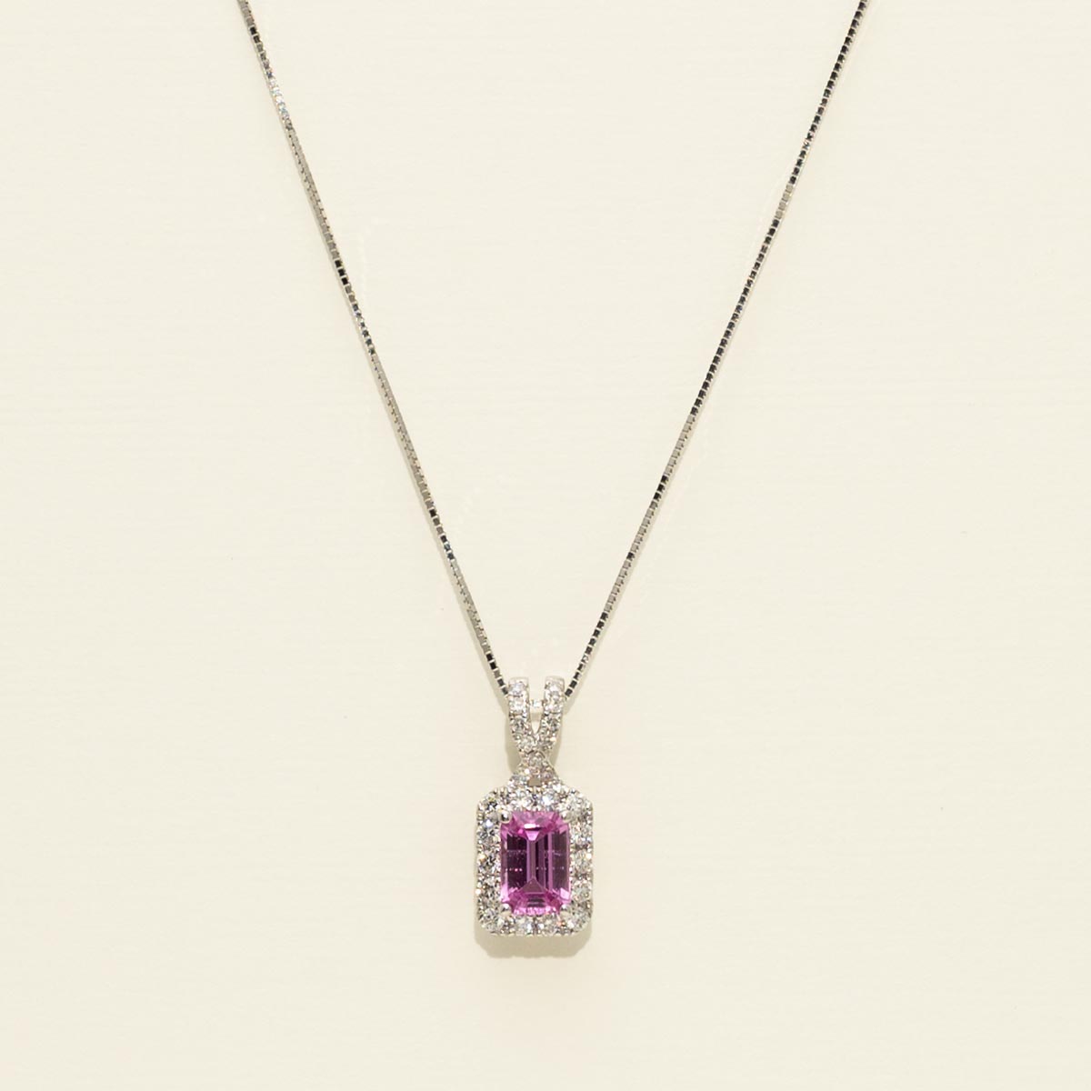 Emerald Cut Pink Sapphire Necklace in 14kt White Gold with Diamonds (1/4ct tw)