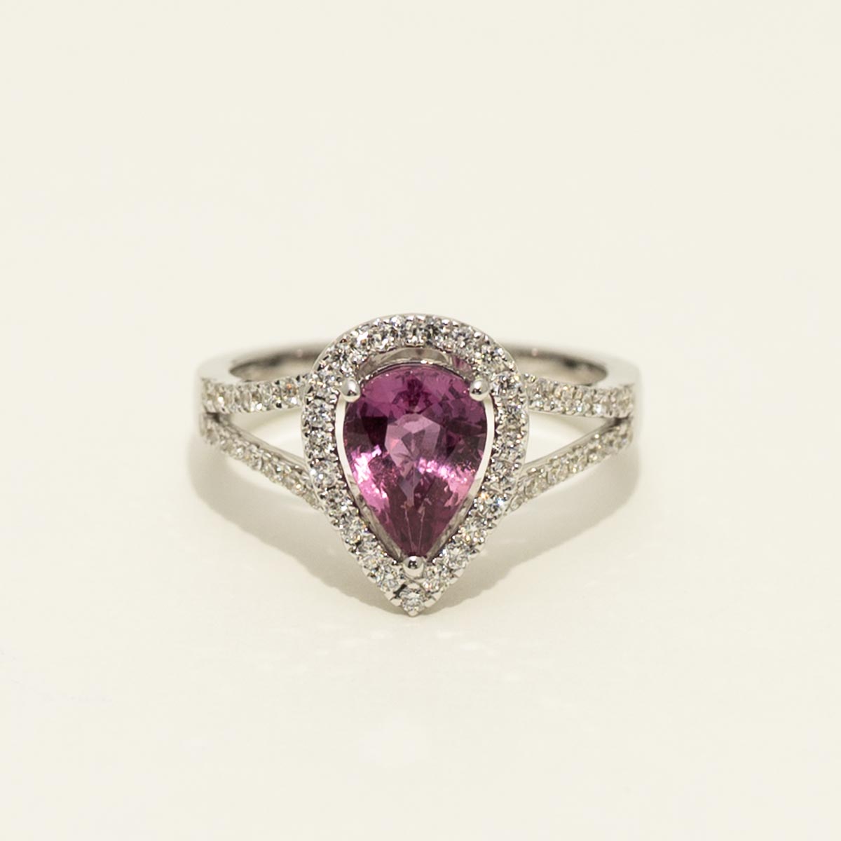 Pear Shape Pink Sapphire Ring in 18kt White Gold with Diamonds (3/8ct tw)