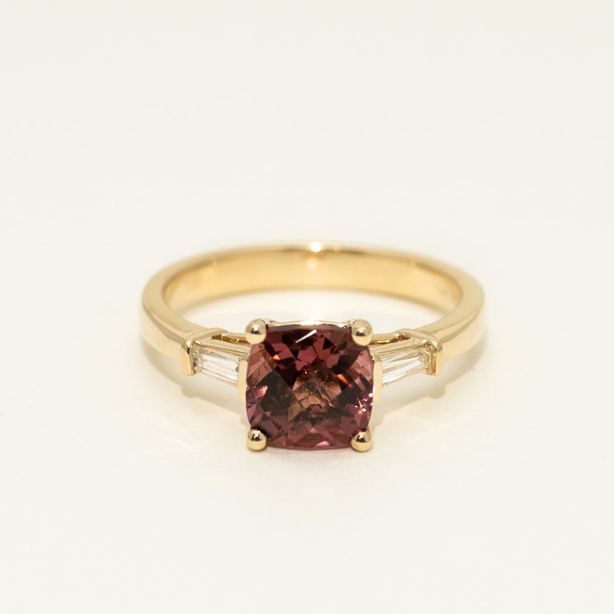 Cushion Cut Maine Pink Tourmaline Ring in 14kt Yellow Gold with Diamonds (1/5ct tw)