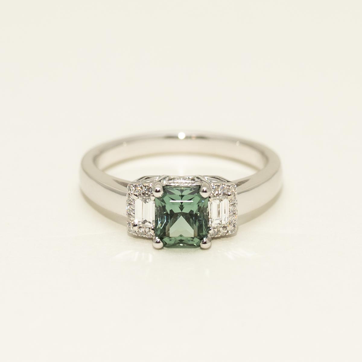 Radiant Cut Maine Green Tourmaline Ring in 14kt White Gold with Diamonds (1/4ct tw)