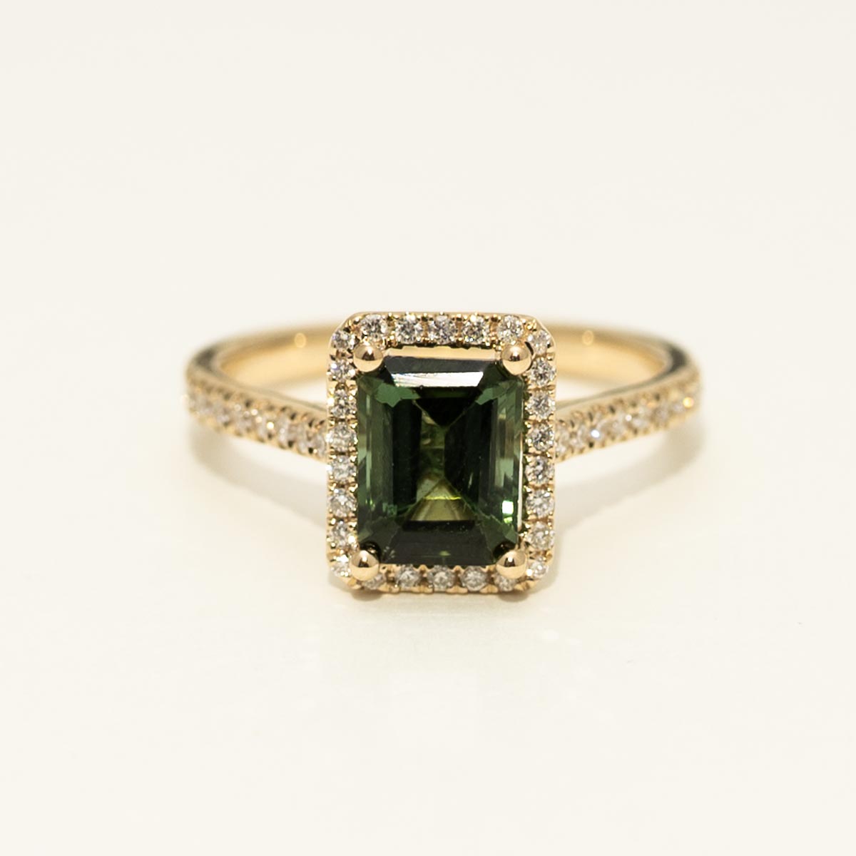 Emerald Cut Maine Green Tourmaline Ring in 14kt yellow Gold with Diamonds (1/4ct tw)