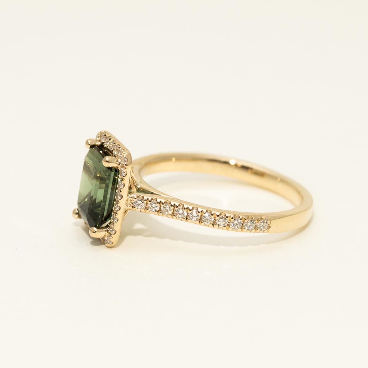Emerald Cut Maine Green Tourmaline Ring in 14kt yellow Gold with Diamonds (1/4ct tw)