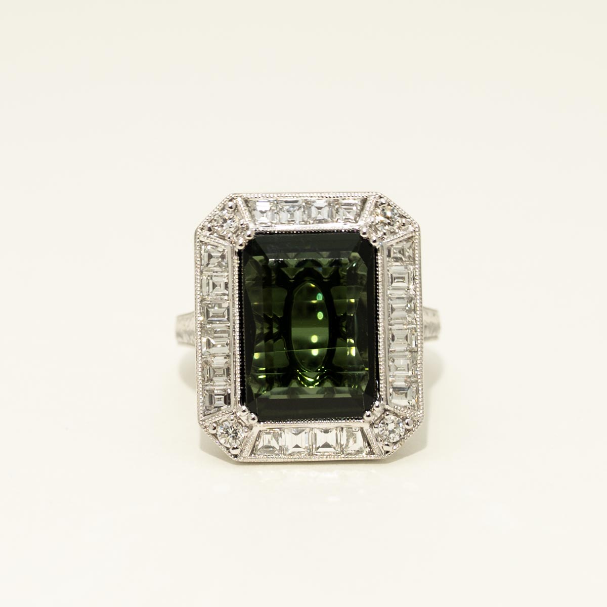 Emerald Cut Maine Green Tourmaline Ring in 14kt White Gold with Diamonds (1.5ct tw)