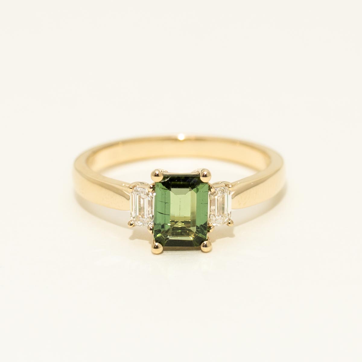 Emerald Cut Maine Green Tourmaline Ring in 14kt Yellow Gold with Diamonds (1/4ct tw)