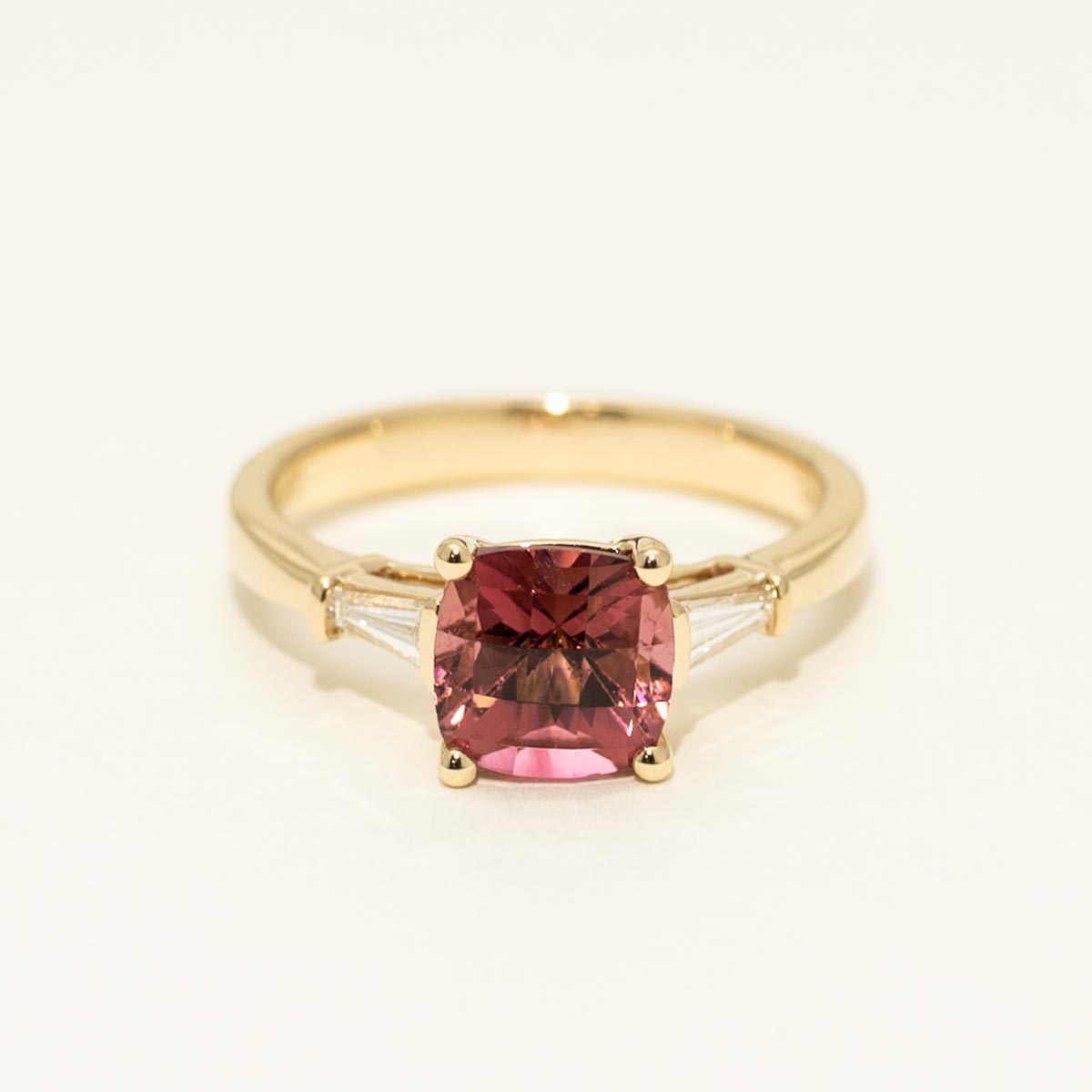 Cushion Cut Maine Pink Tourmaline Ring in 14kt Yellow Gold with Diamonds (1/4ct tw)