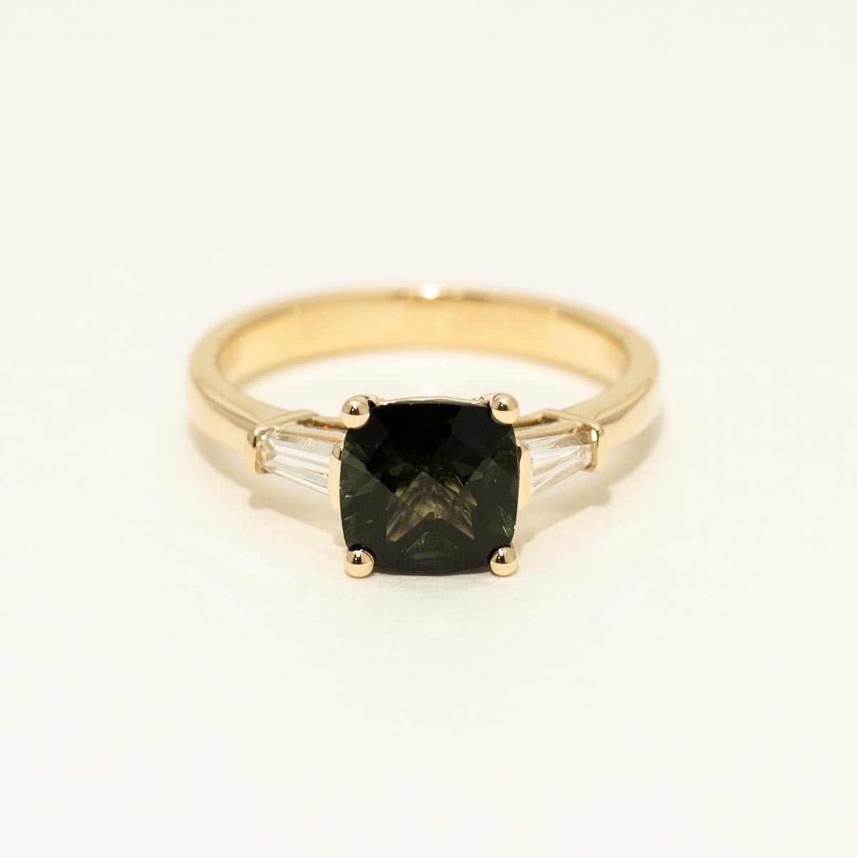 Cushion Cut Maine Green Tourmaline Ring in 14kt Yellow Gold with Diamonds (1/4ct tw)