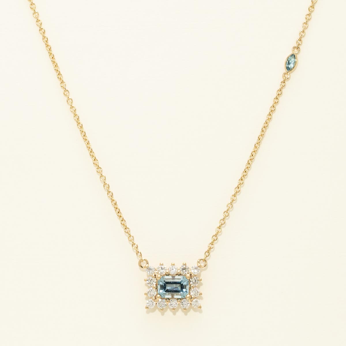 Emerald Cut Aquamarine Necklace in 14kt Yellow Gold with Diamonds (5/8ct tw)