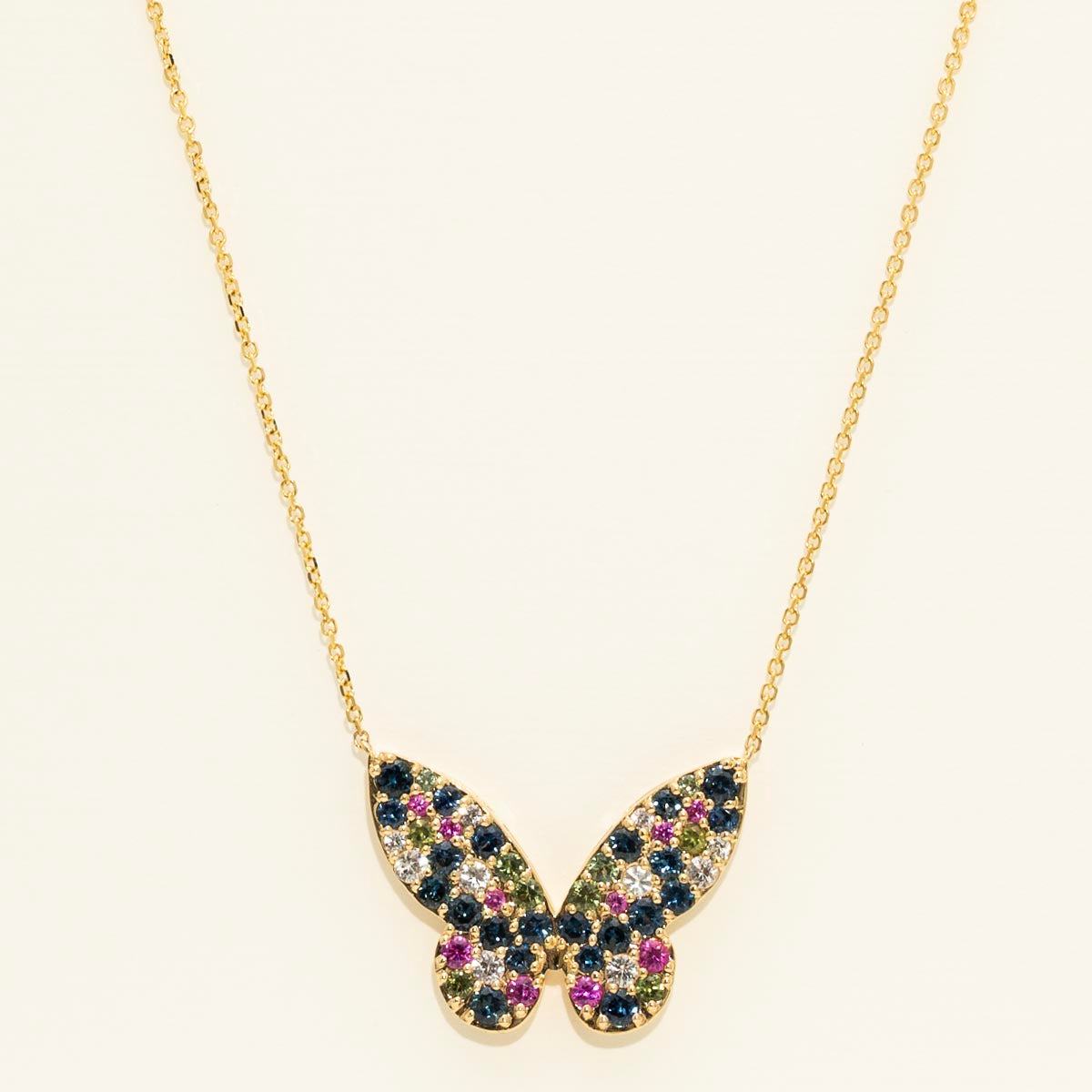 Multicolor Sapphire Butterfly Necklace in 14kt Yellow Gold