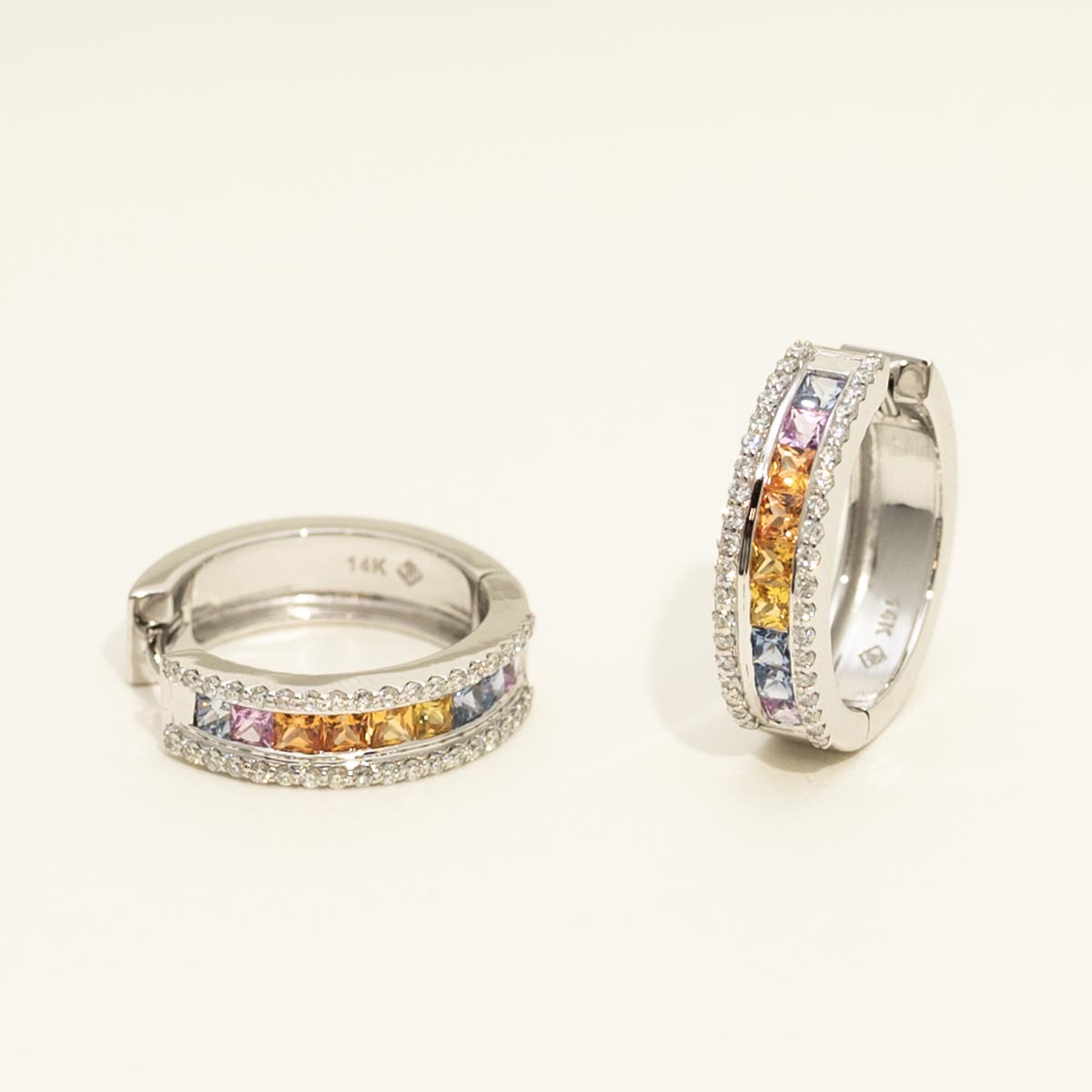 Princess Cut Multicolor Sapphire Hoop Earrings in 14kt White Gold with Diamonds (3/8ct tw)
