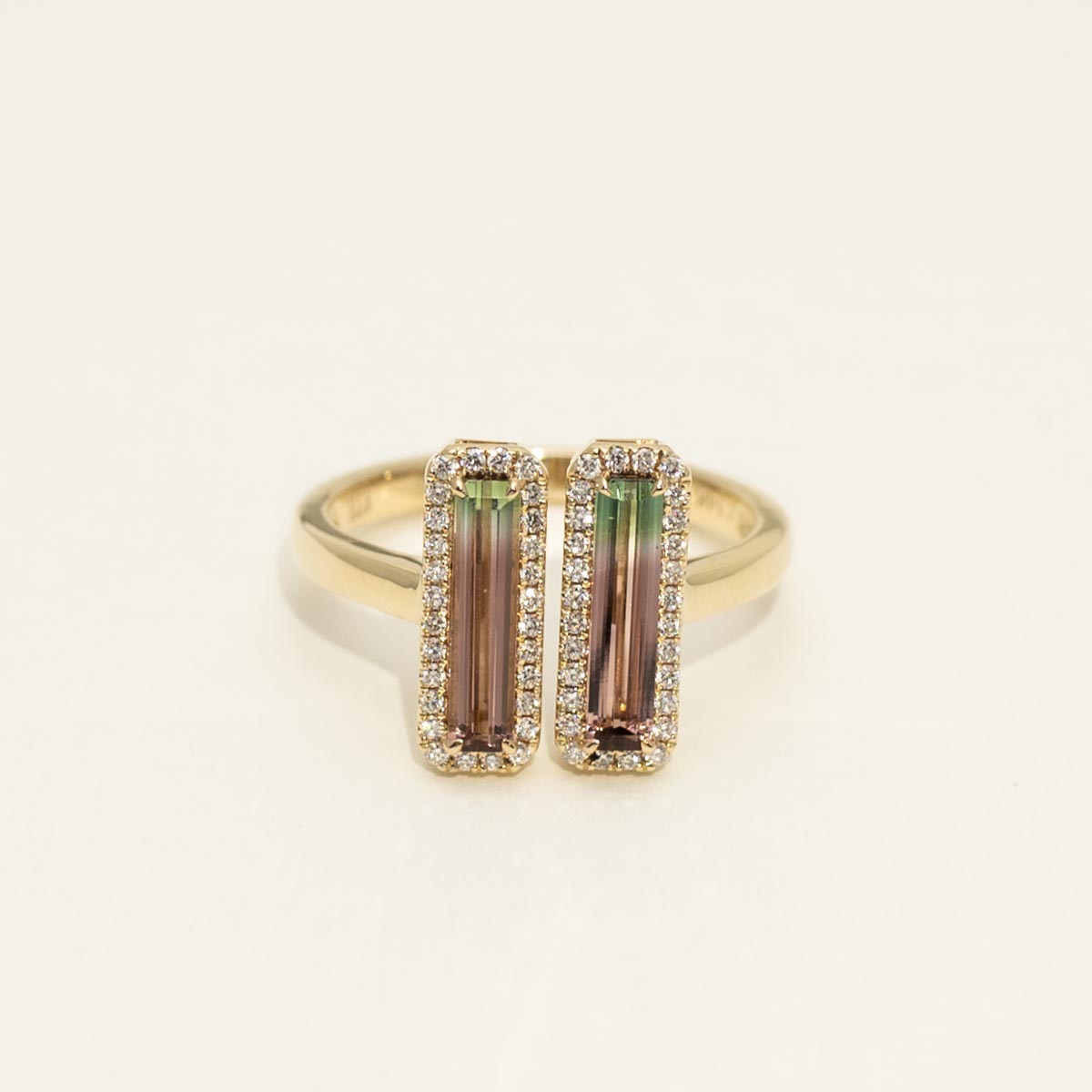 Bicolor Tourmaline Emerald Cut Ring in 14kt Yellow Gold with Diamonds (1/5ct tw)