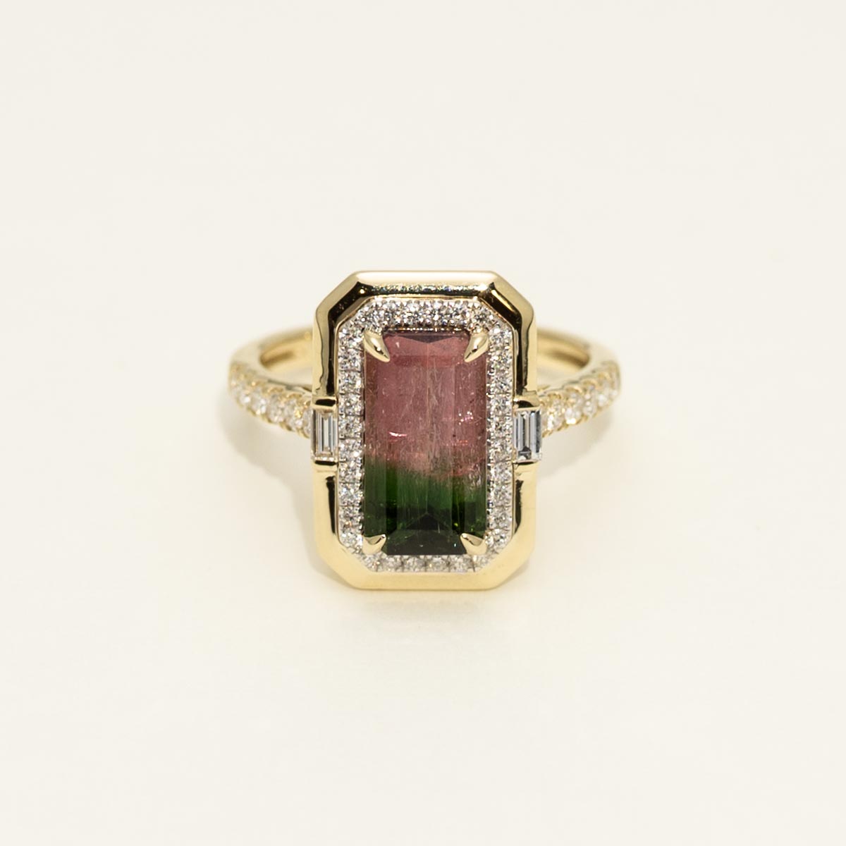 Bicolor Tourmaline Emerald Halo Ring in 14kt Yellow Gold with Diamonds 3/8ct tw)