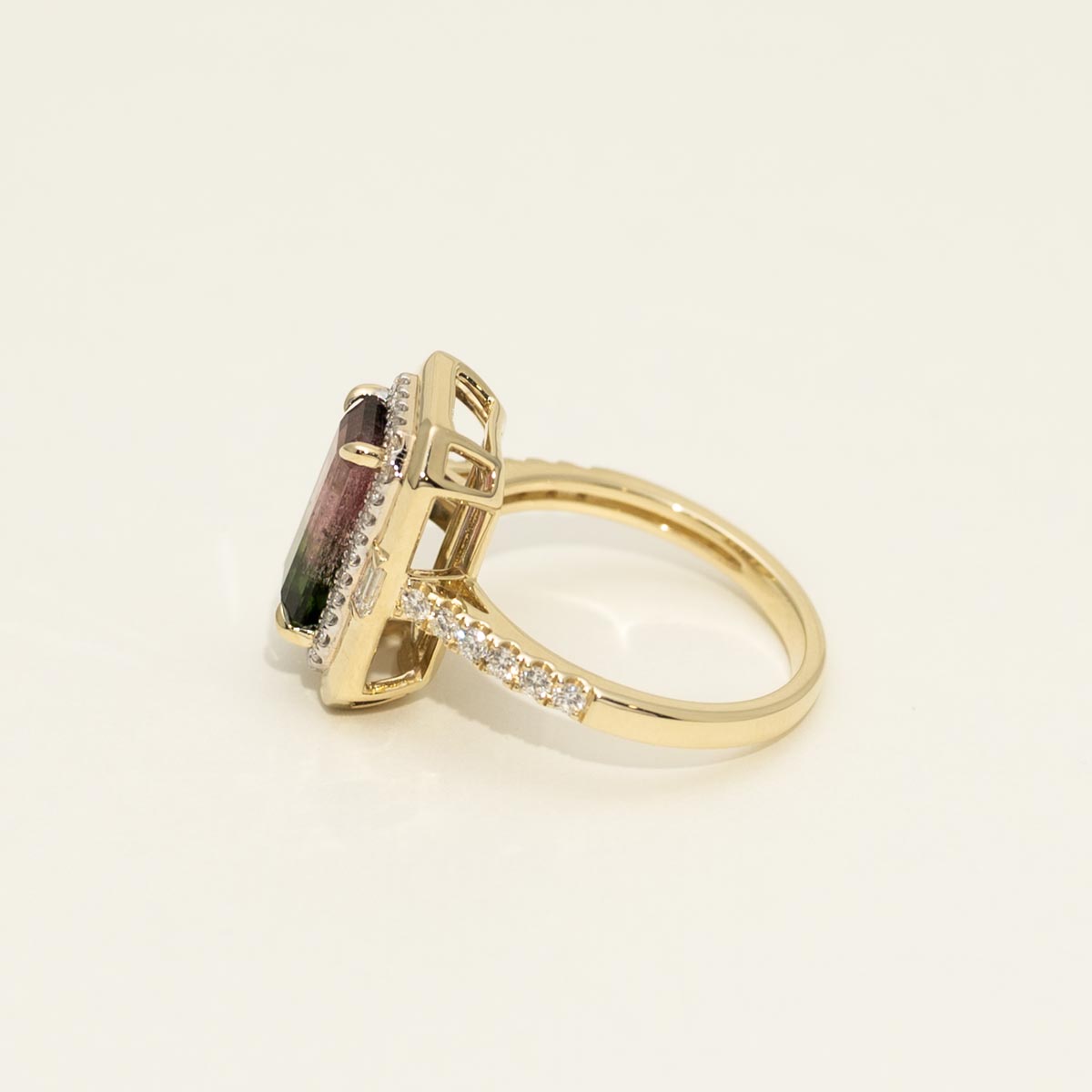 Bicolor Tourmaline Emerald Halo Ring in 14kt Yellow Gold with Diamonds 3/8ct tw)