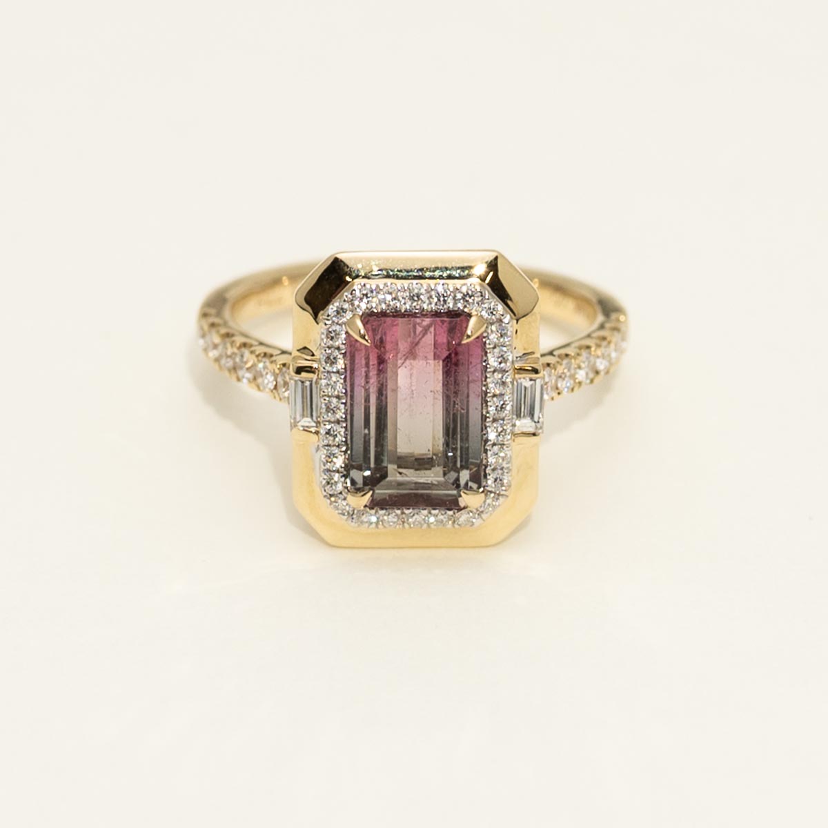 Bicolor Tourmaline Emerald Cut Ring in 14kt Yellow Gold with Diamonds (3/8ct tw)