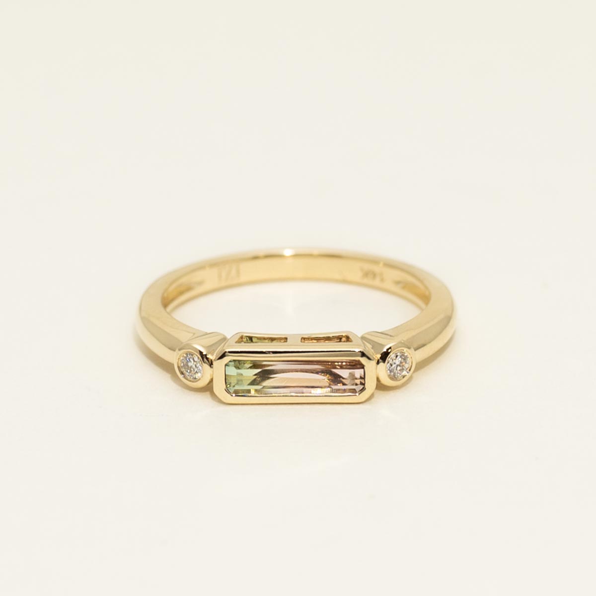 Bicolor Tourmaline Emerald Cut Ring in 14kt Yellow Gold with Diamonds (1/20ct tw)