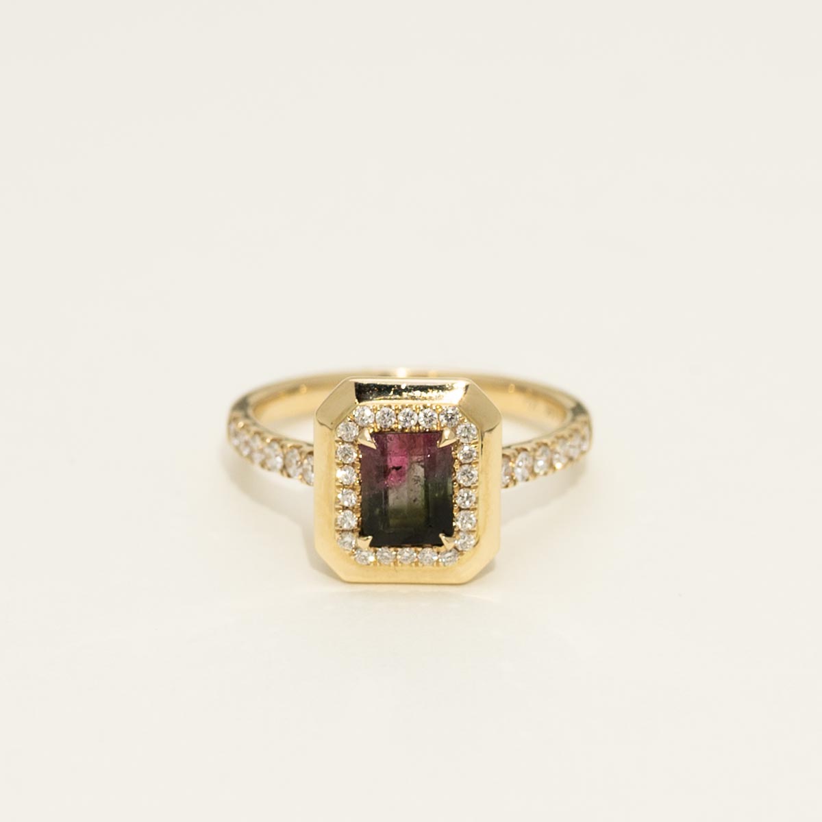 Bicolor Tourmaline Emerald Cut Ring in 14kt Yellow Gold with Diamonds  (1/3ct tw)