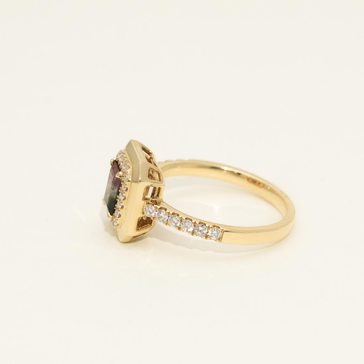 Bicolor Tourmaline Emerald Cut Ring in 14kt Yellow Gold with Diamonds  (1/3ct tw)