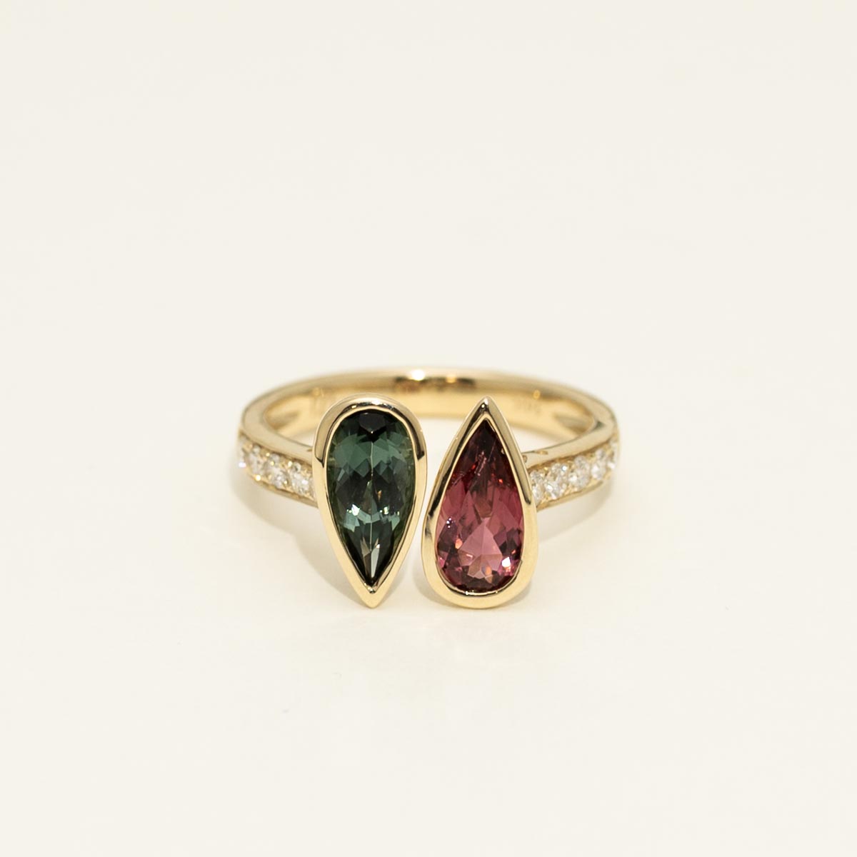 Green and Pink Tourmaline Pear Shape Ring in 14kt Yellow Gold with Diamonds (1/4ct tw)