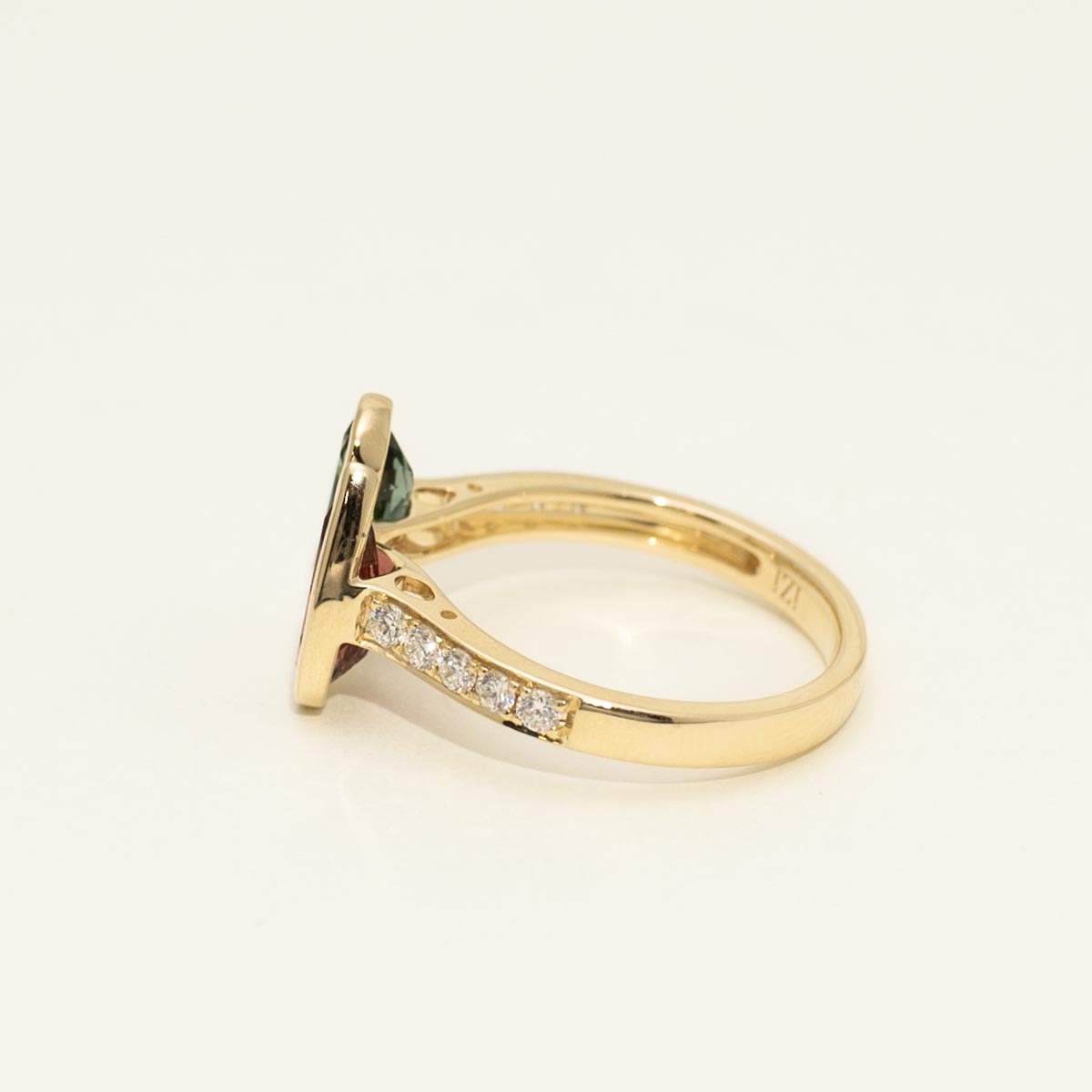 Green and Pink Tourmaline Pear Shape Ring in 14kt Yellow Gold with Diamonds (1/4ct tw)