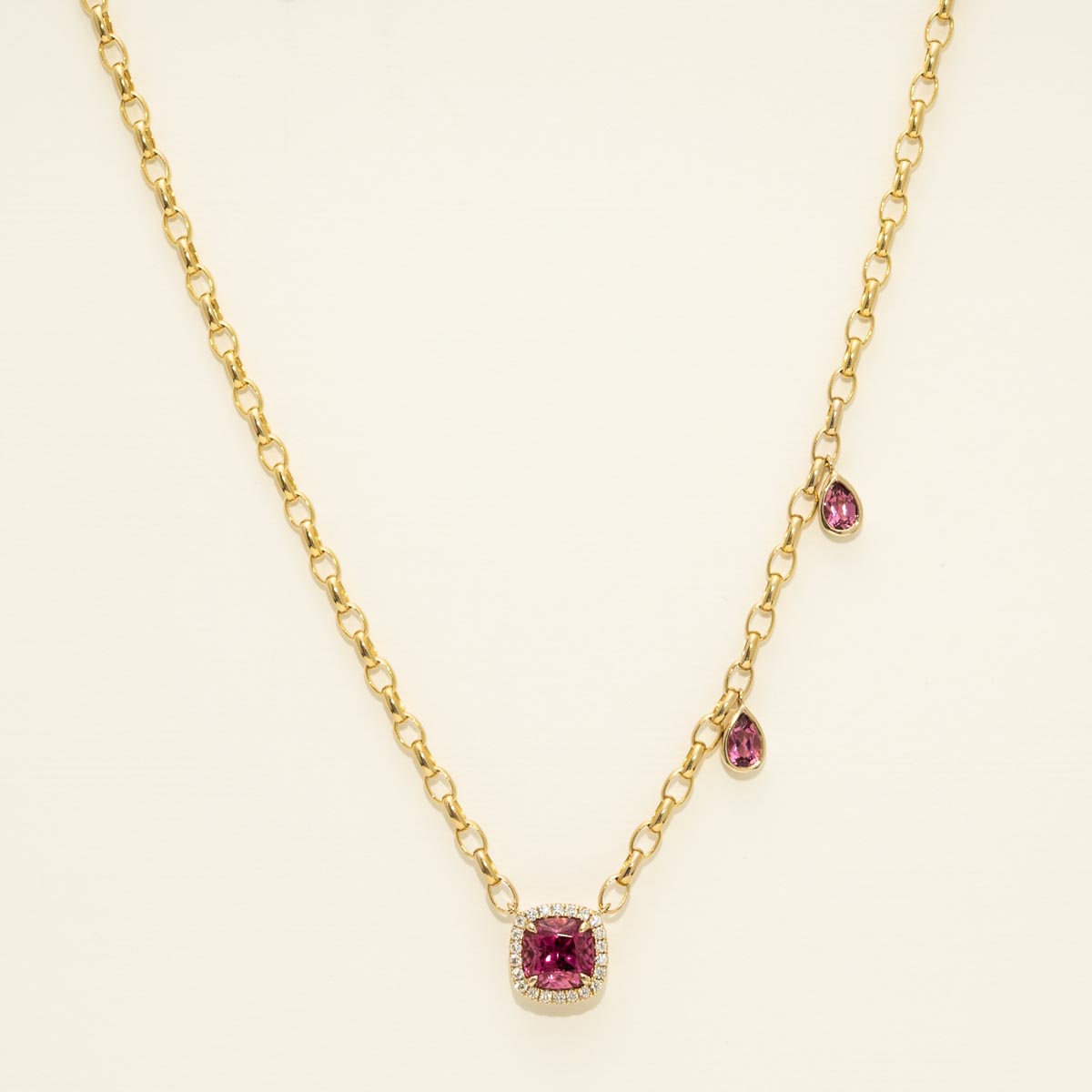 Rubellite Tourmaline Cushion Necklace in 14kt Gold with Diamonds (1/10ct tw)