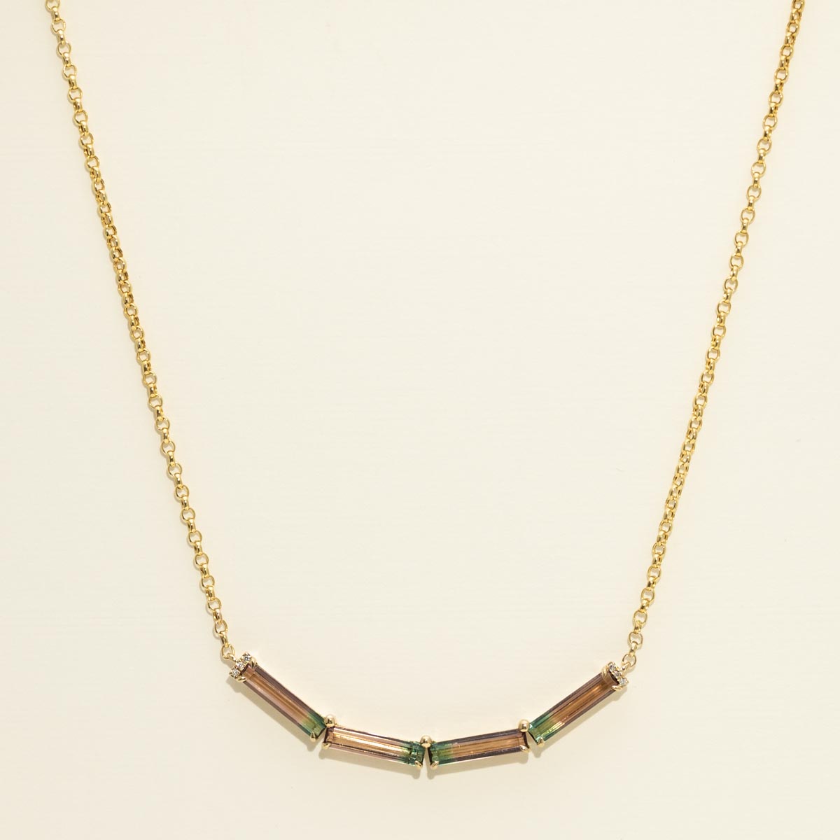 Bicolor Tourmaline Emerald Cut Necklace in 14kt Yellow Gold with Diamonds (.02ct tw)