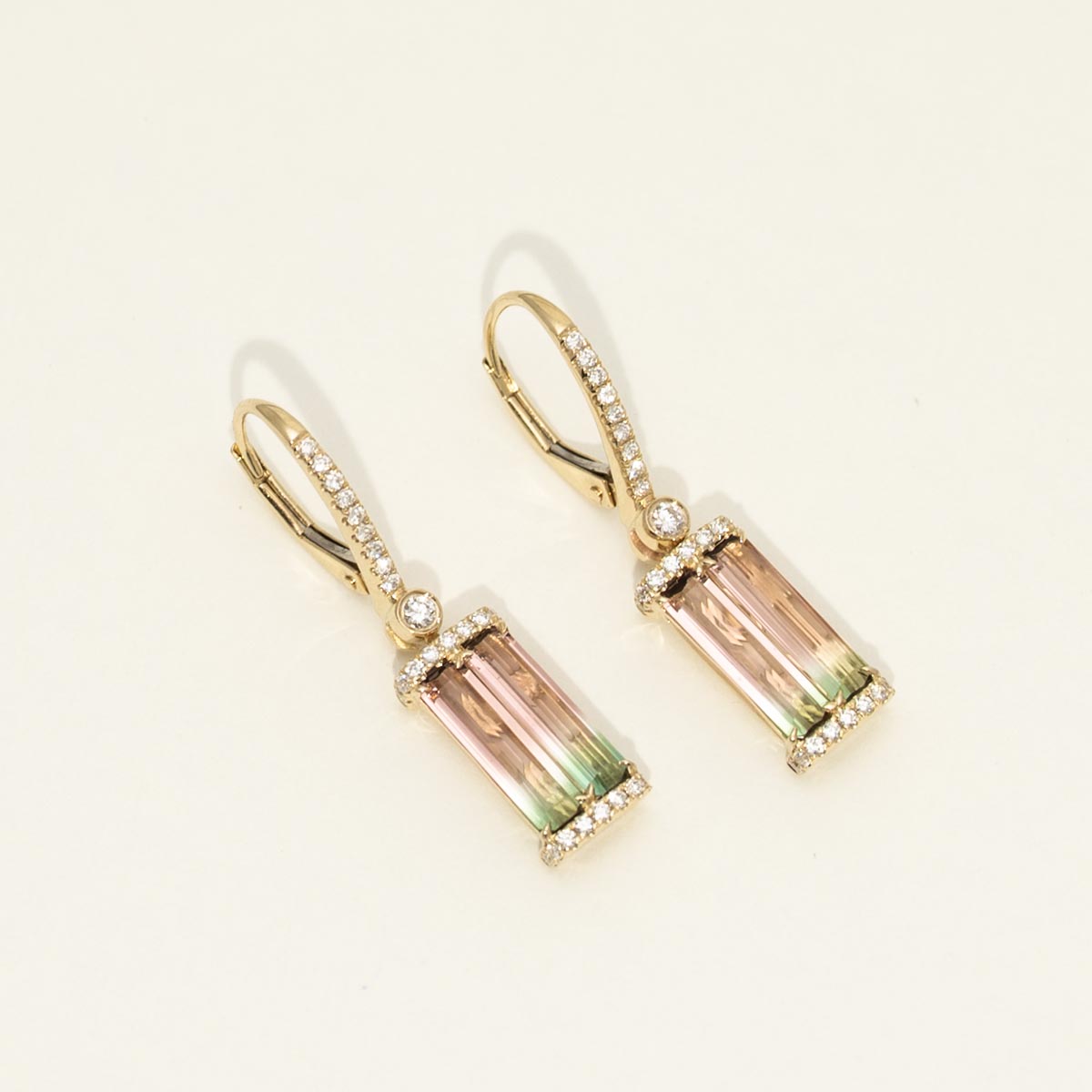Bicolor Tourmaline Baguette Earrings in 14kt Yellow Gold with Diamonds (1/3ct tw)