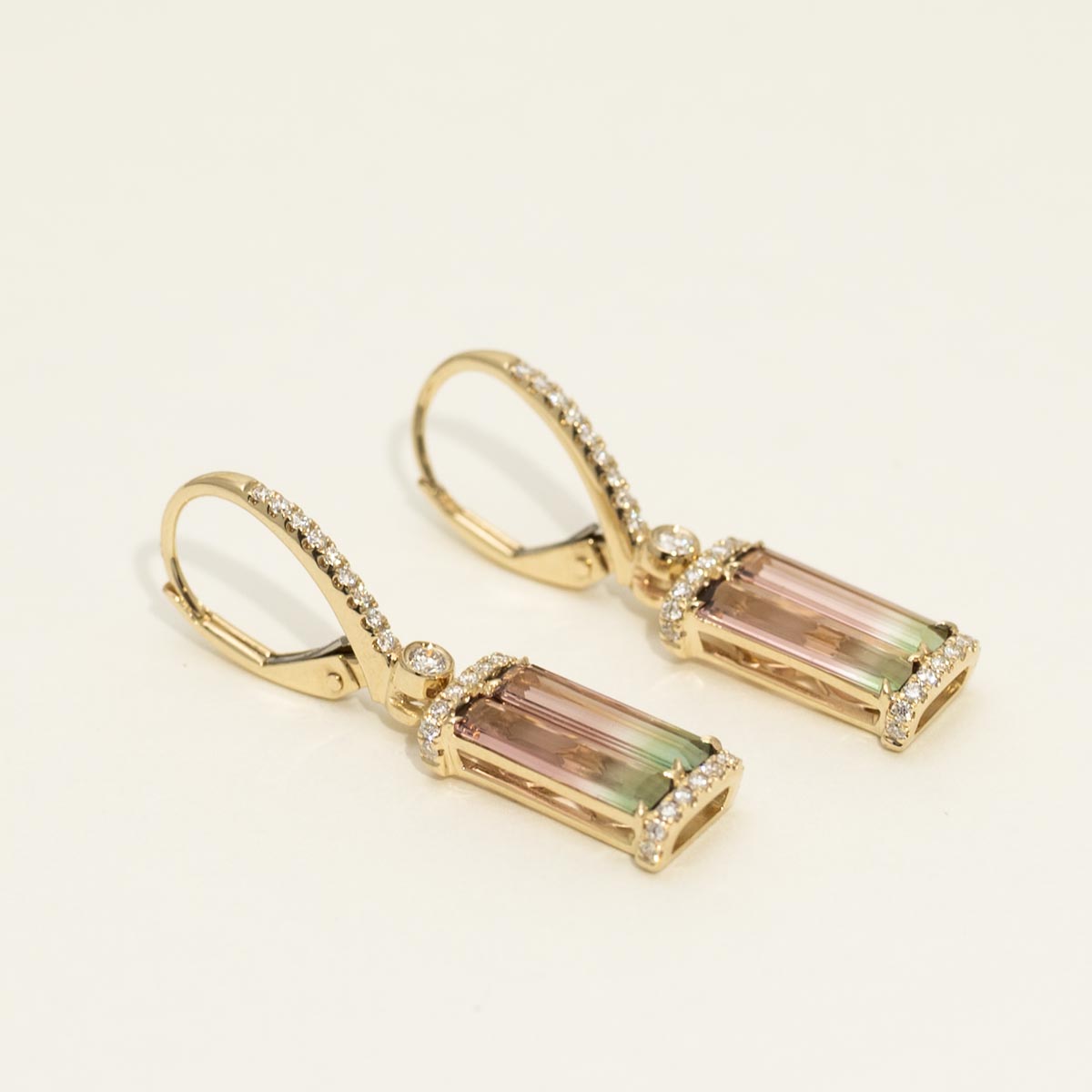 Bicolor Tourmaline Baguette Earrings in 14kt Yellow Gold with Diamonds (1/3ct tw)