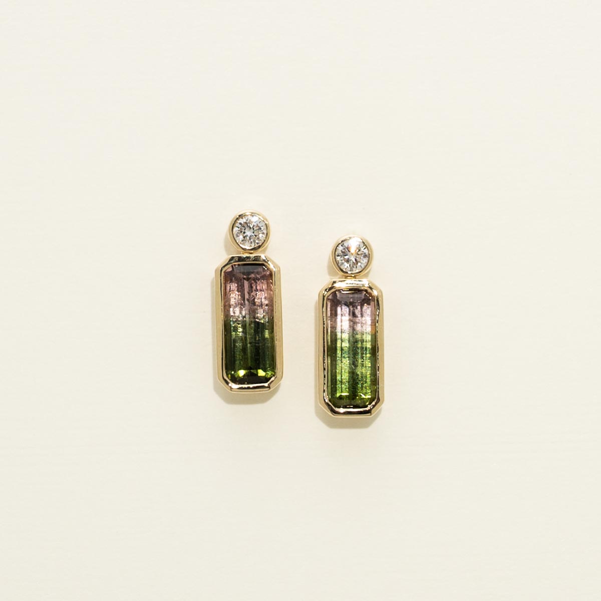 Bicolor Tourmaline Emerald Cut Earrings in 14kt Yellow Gold with Diamonds (1/4ct tw)