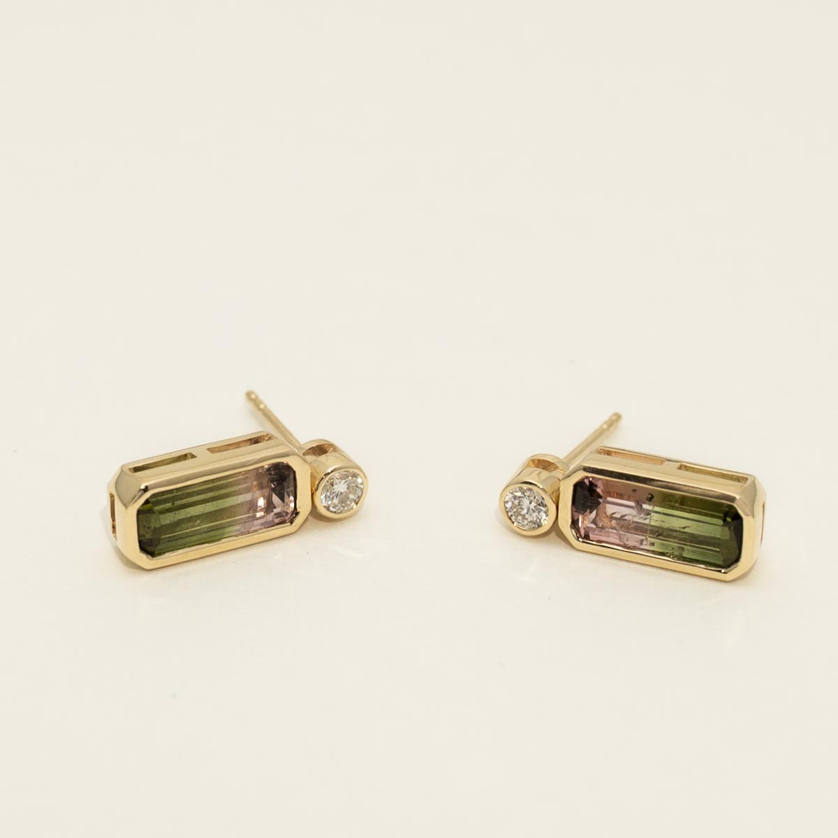 Bicolor Tourmaline Emerald Cut Earrings in 14kt Yellow Gold with Diamonds (1/4ct tw)