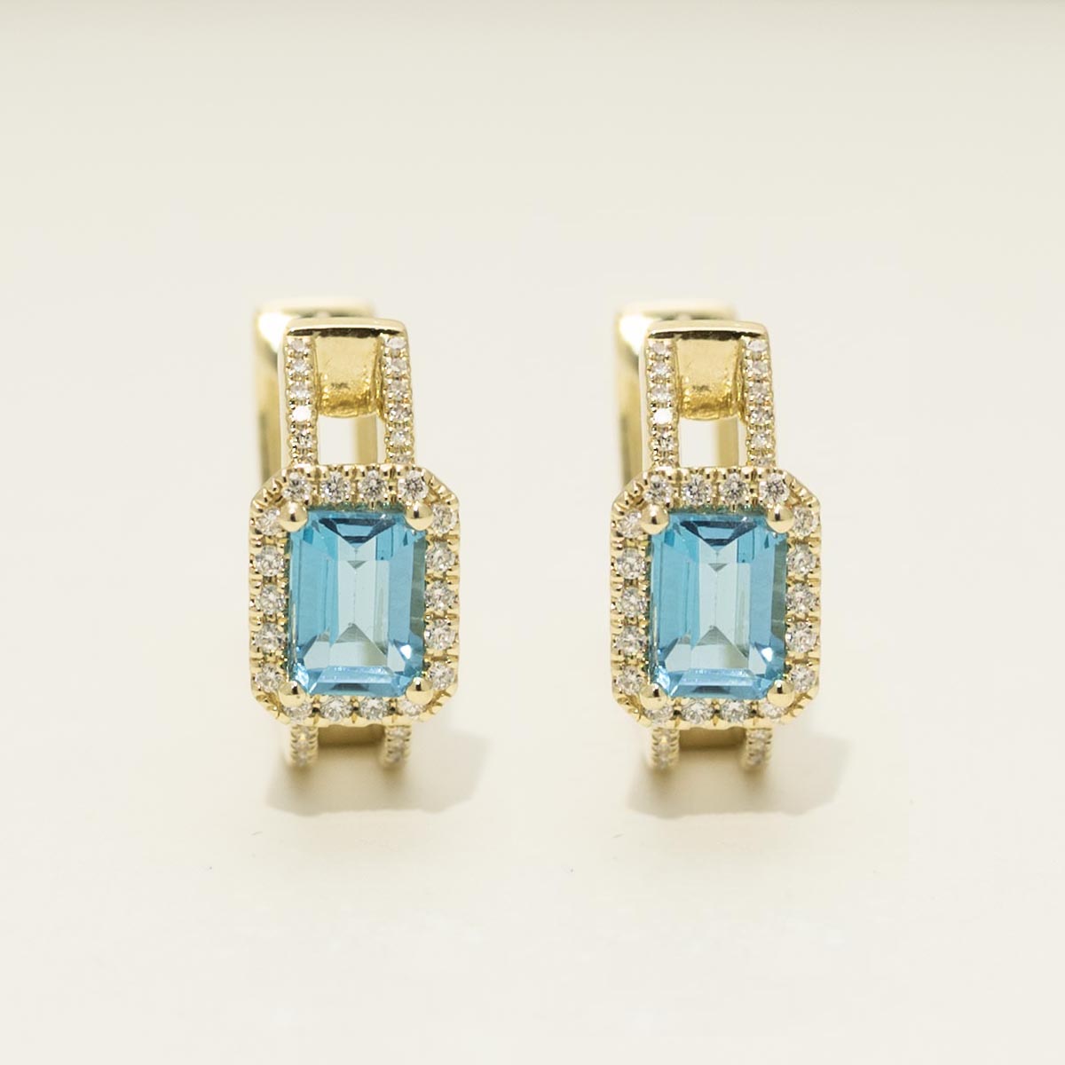 Dabakarov Emerald Cut Blue Topaz Hoop Earrings in 14kt Yellow Gold with Diamonds (3/8ct tw)