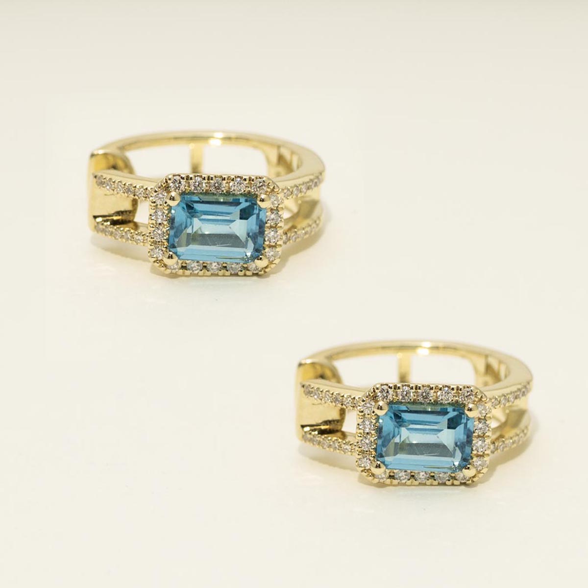 Dabakarov Emerald Cut Blue Topaz Hoop Earrings in 14kt Yellow Gold with Diamonds (3/8ct tw)