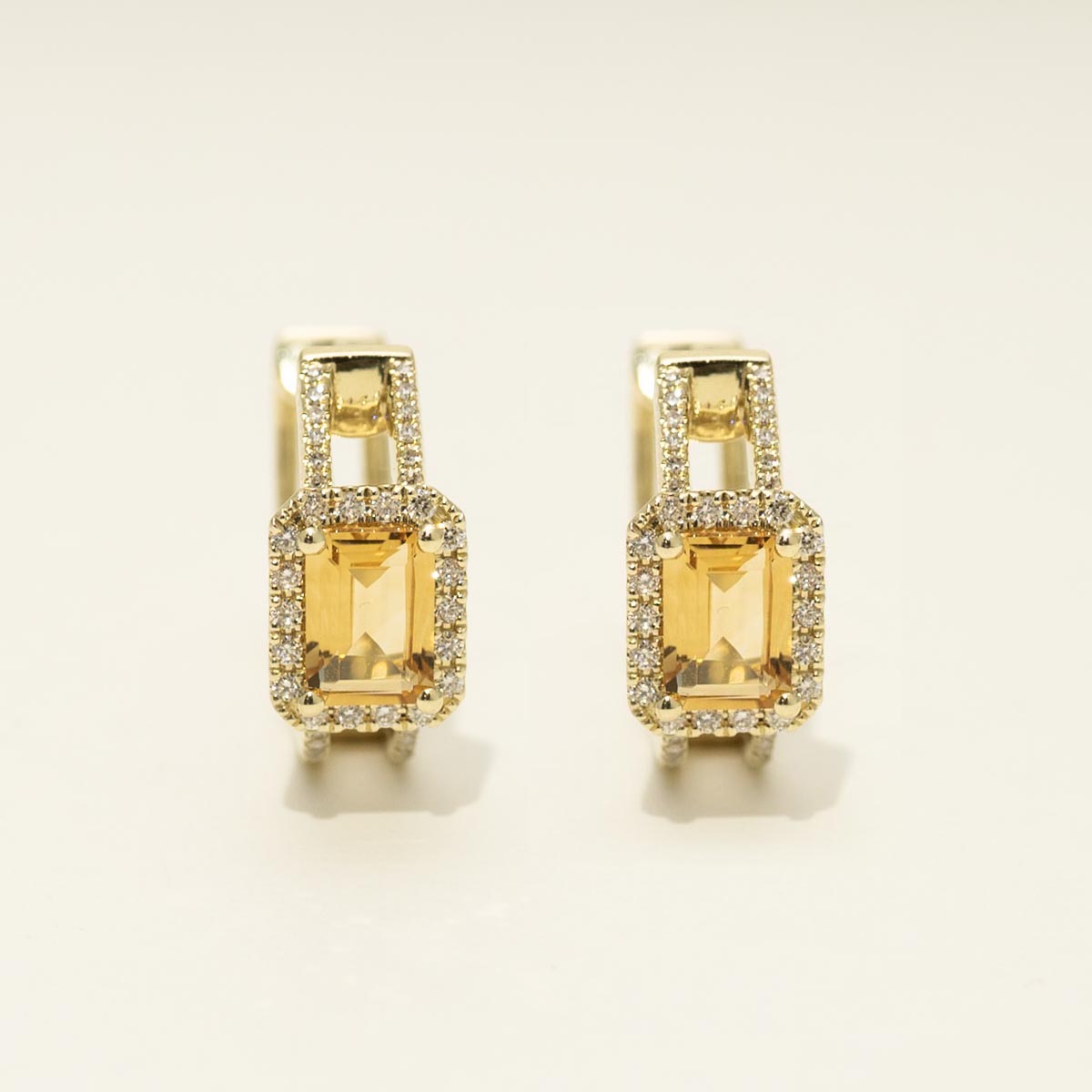 Dabakarov Emerald Cut Citrine Hoop Earrings in 14kt Yellow Gold with Diamonds (1/2ct tw)