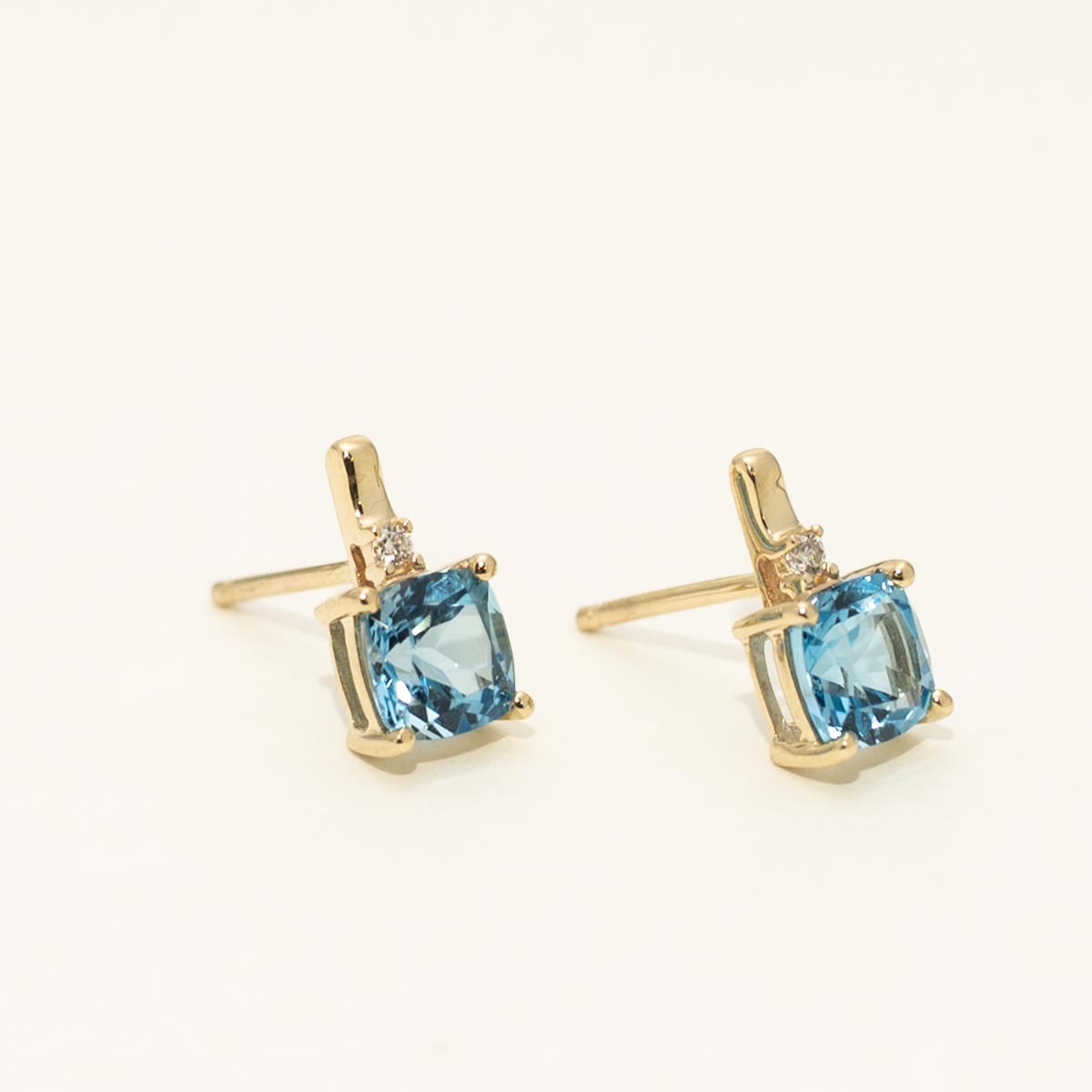 Cushion Cut Swiss Blue Topaz Earrings in 10kt Yellow Gold with Diamonds (.02ct tw)