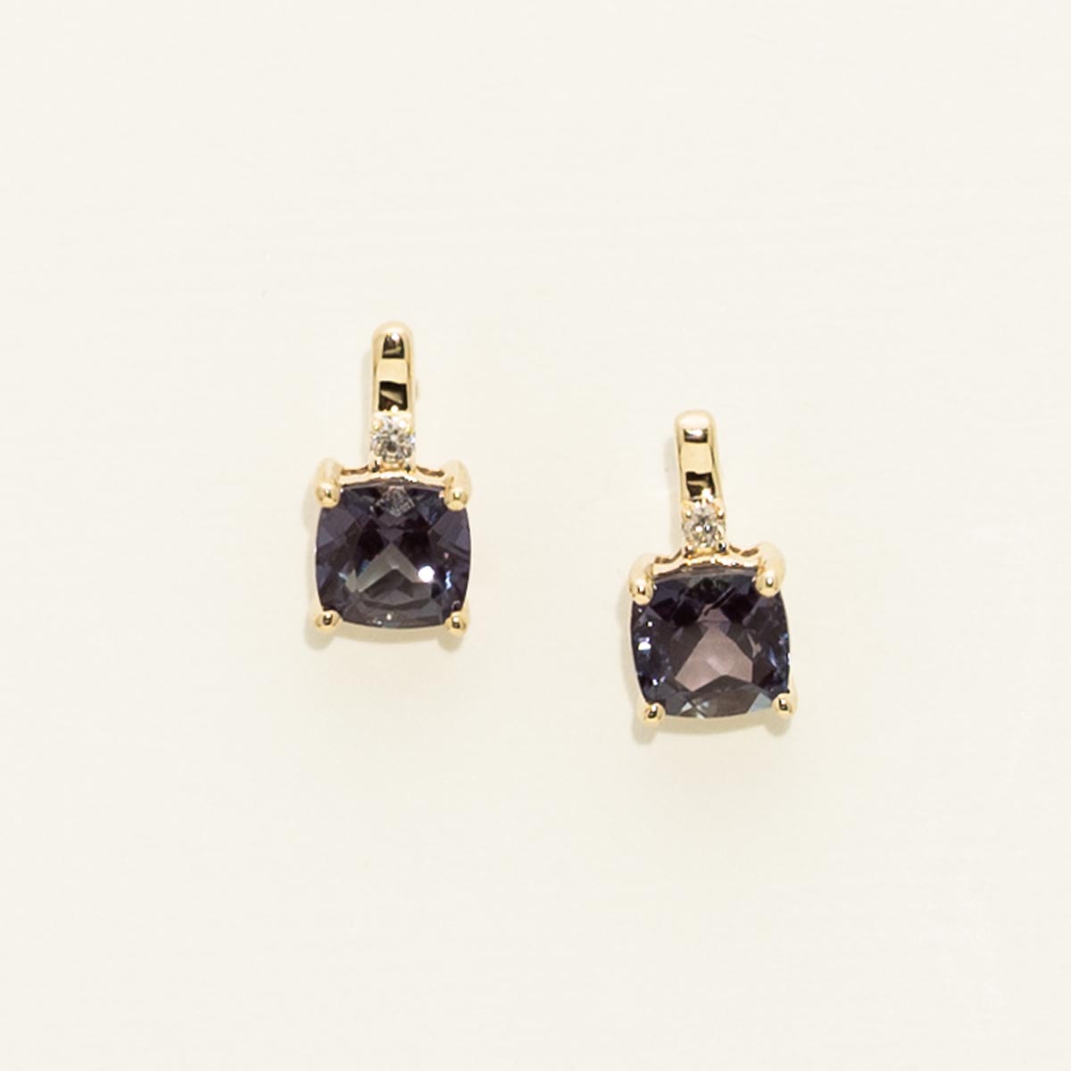 Cushion Cut Created Alexandrite Earrings in 10kt Yellow Gold with Diamonds (.02ct tw)