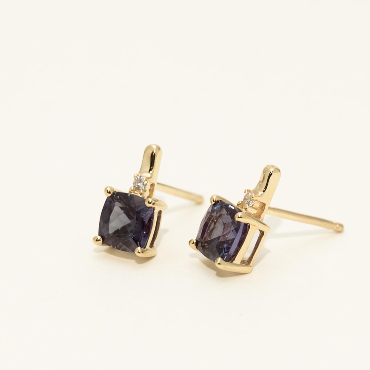 Cushion Cut Created Alexandrite Earrings in 10kt Yellow Gold with Diamonds (.02ct tw)