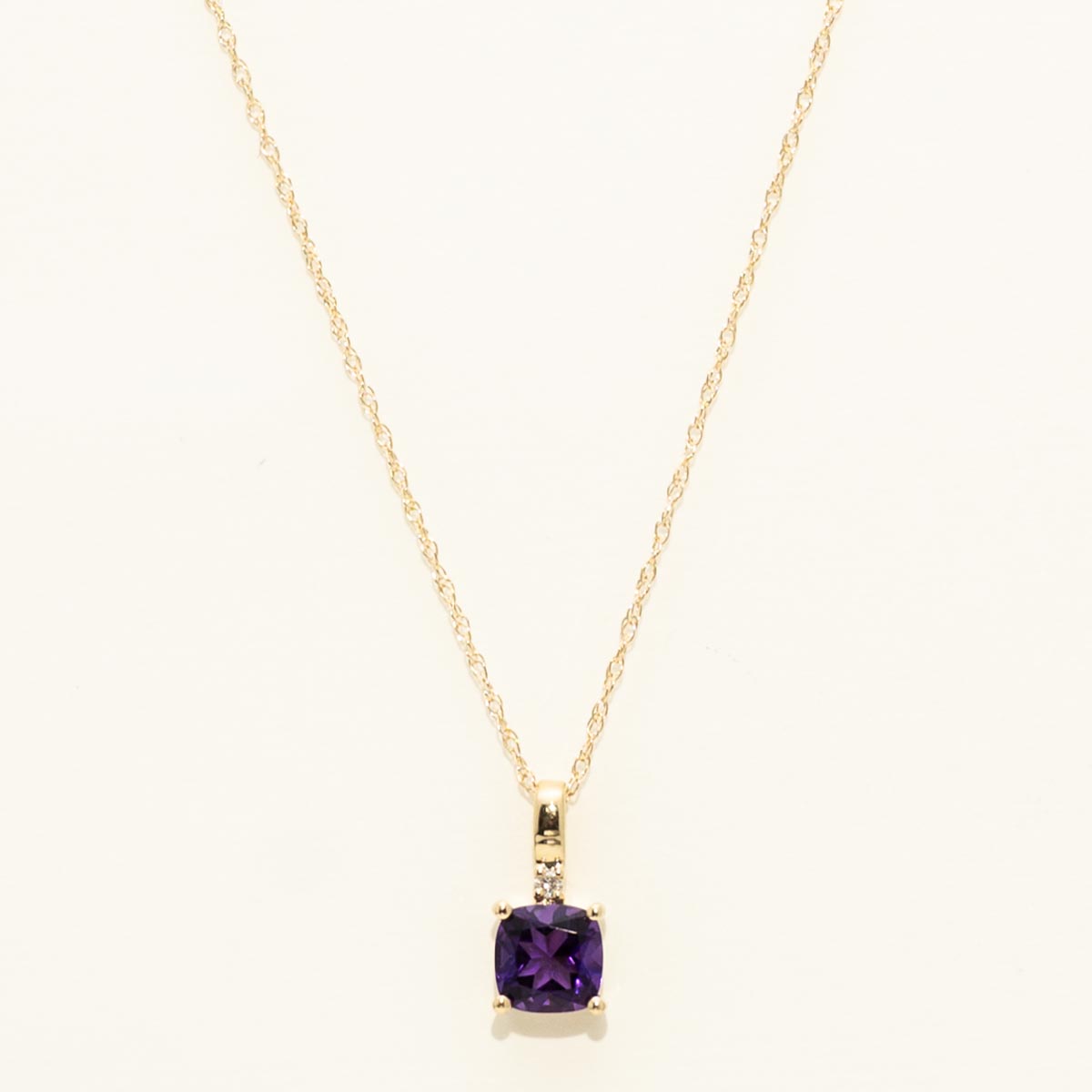 Cushion Cut Amethyst Necklace in 10kt Yellow Gold with Diamond (.01ct)