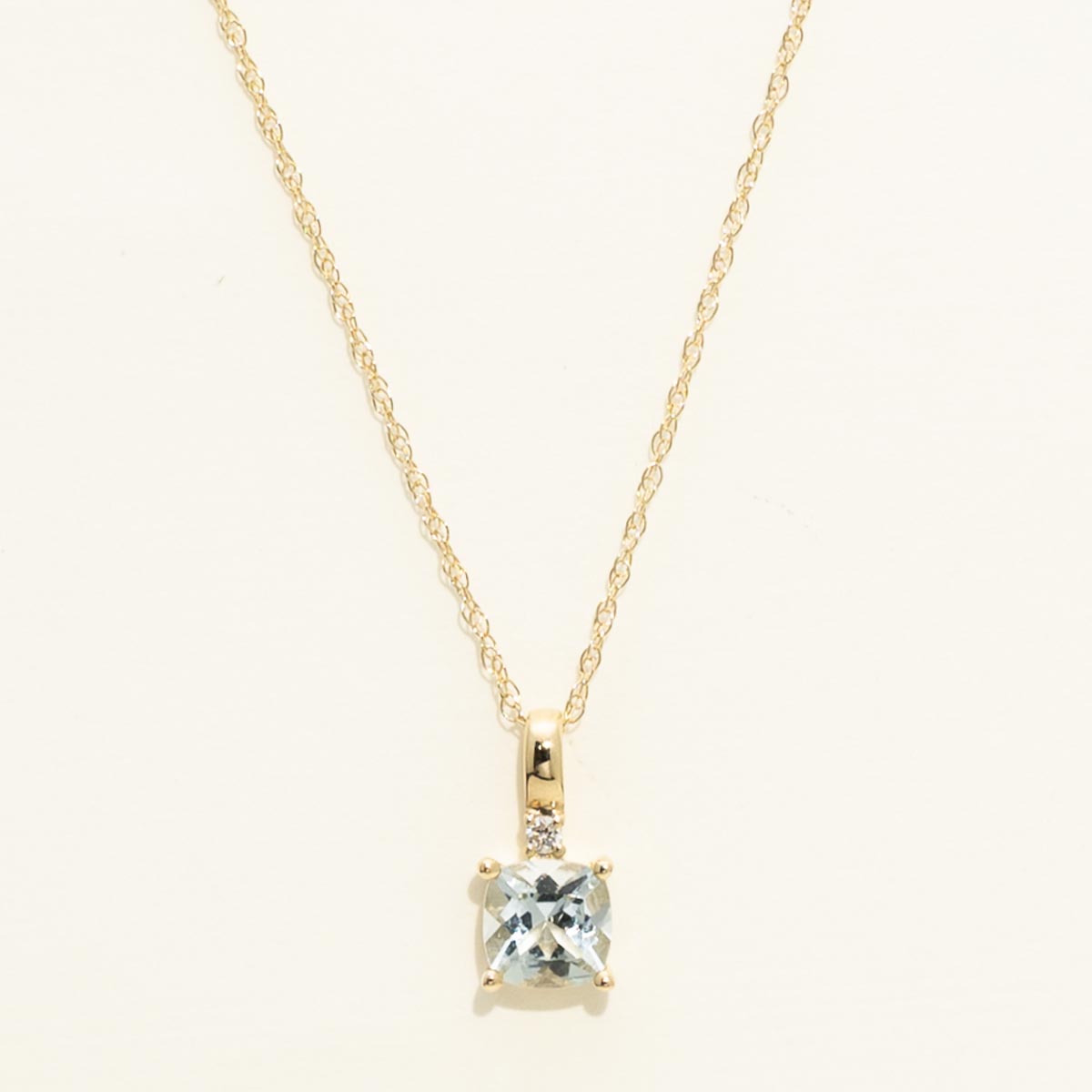 Cushion Cut Aquamarine Necklace with Diamond in 10kt Yellow Gold