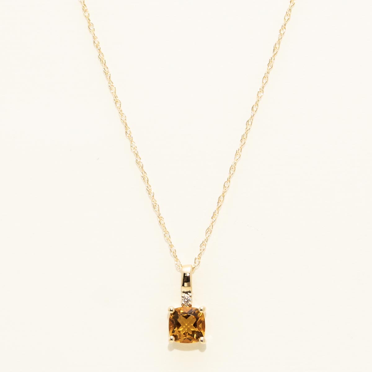 Cushion Cut Citrine Necklace in 10kt Yellow Gold with Diamond (.01ct)