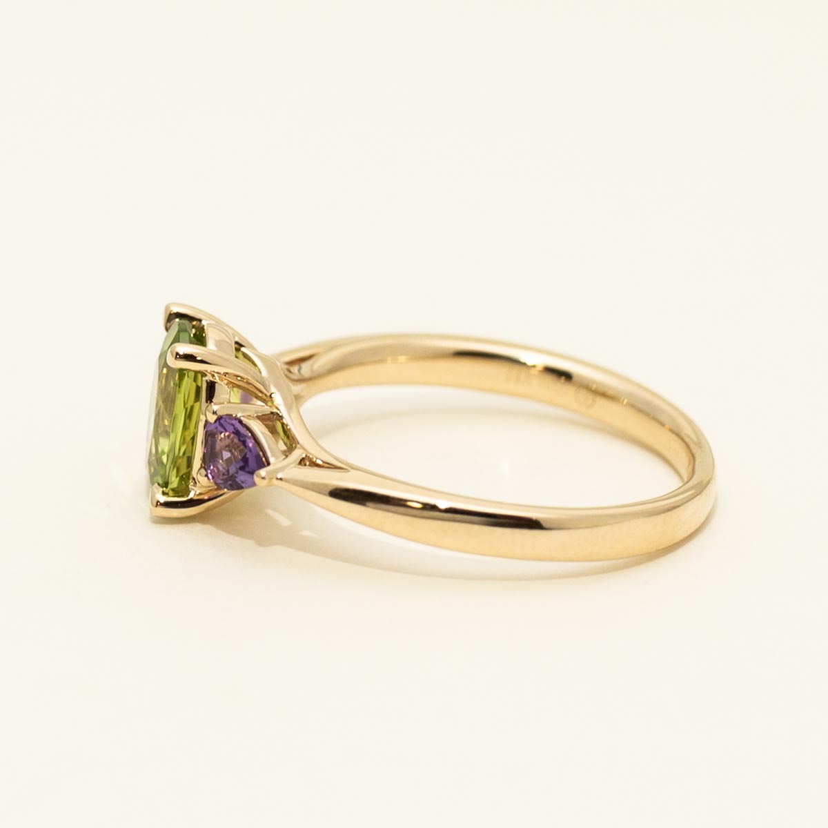 Oval Peridot and Pear Shaped Amethyst Ring in 14kt Yellow Gold