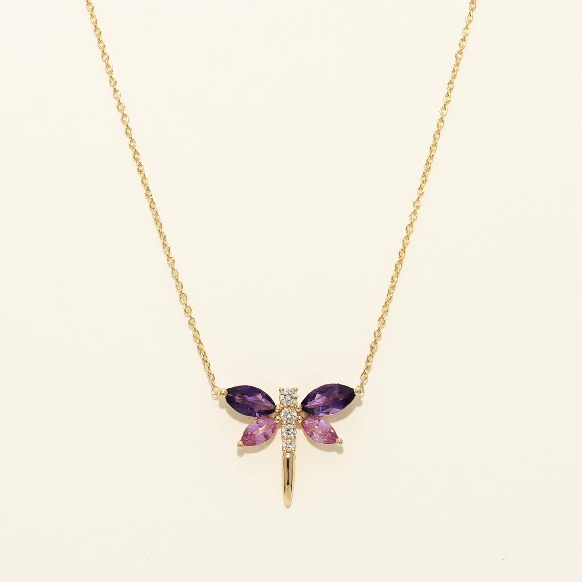 Marquise Shaped Amethyst and Pink Sapphire Dragonfly Necklace with Diamonds (1/7ct tw)